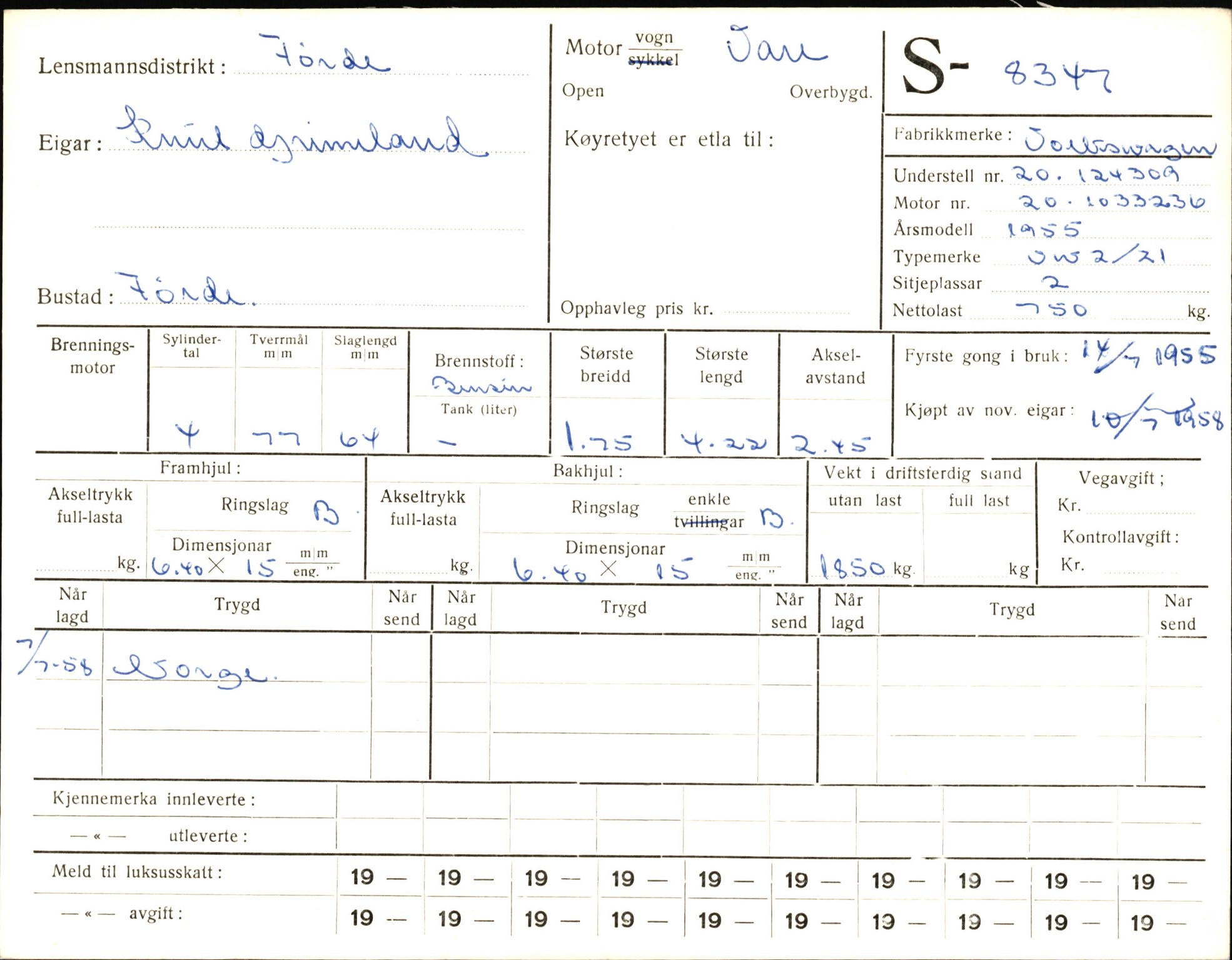 Statens vegvesen, Sogn og Fjordane vegkontor, AV/SAB-A-5301/4/F/L0006: Registerkort utmeldte Fjordane S8300-9500, 1930-1961, s. 68