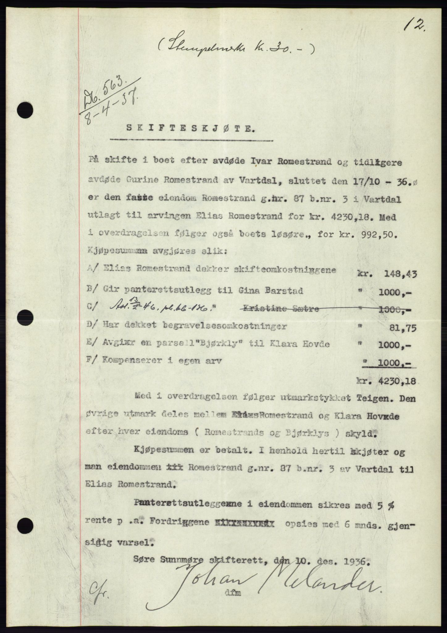 Søre Sunnmøre sorenskriveri, AV/SAT-A-4122/1/2/2C/L0063: Pantebok nr. 57, 1937-1937, Dagboknr: 563/1937