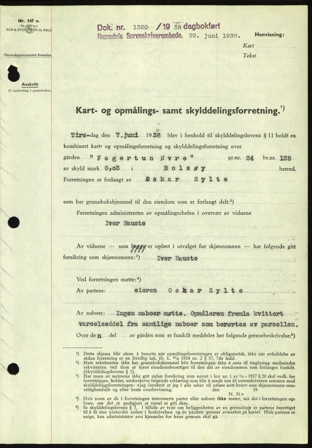 Romsdal sorenskriveri, SAT/A-4149/1/2/2C: Pantebok nr. A5, 1938-1938, Dagboknr: 1320/1938