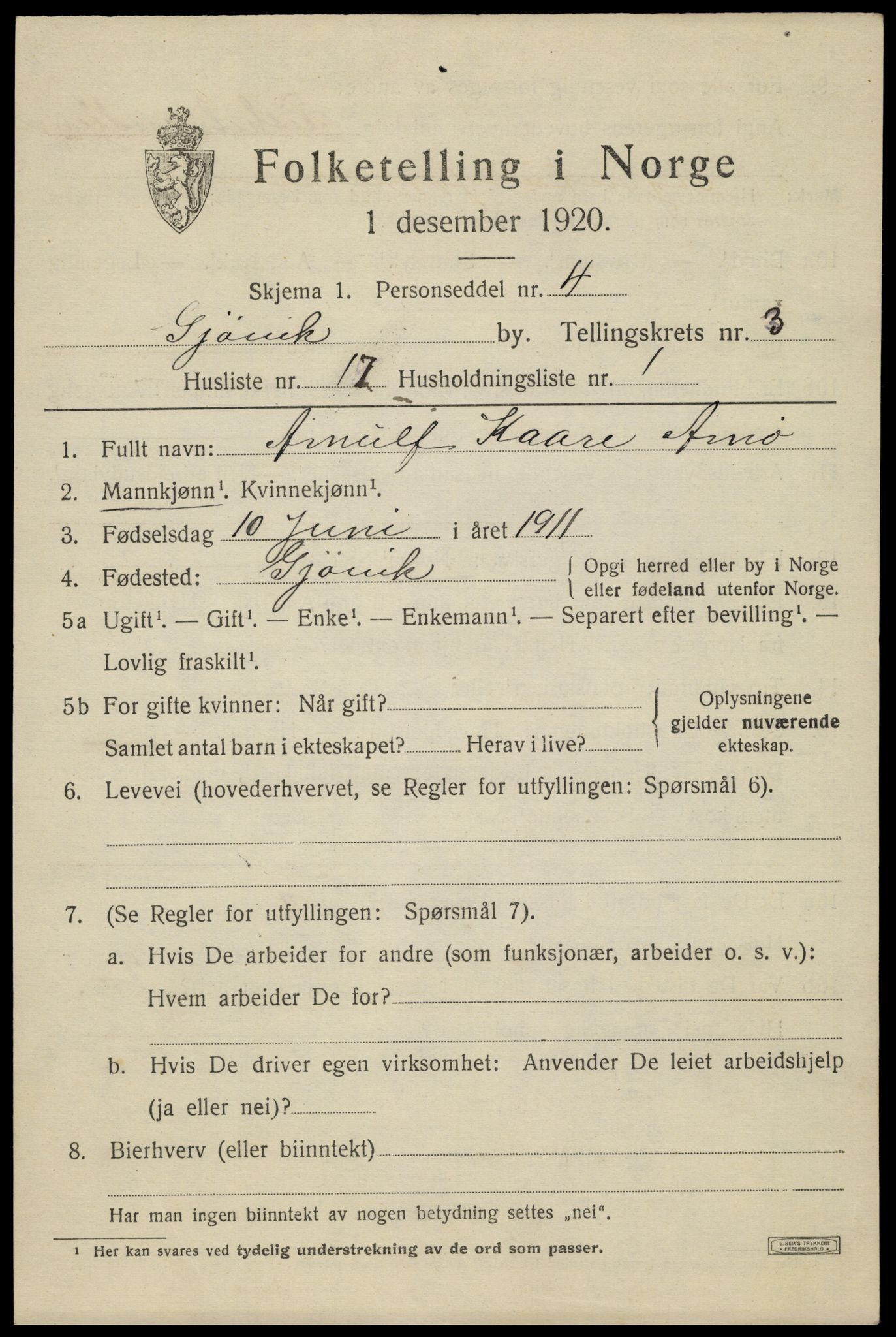 SAH, Folketelling 1920 for 0502 Gjøvik kjøpstad, 1920, s. 6480