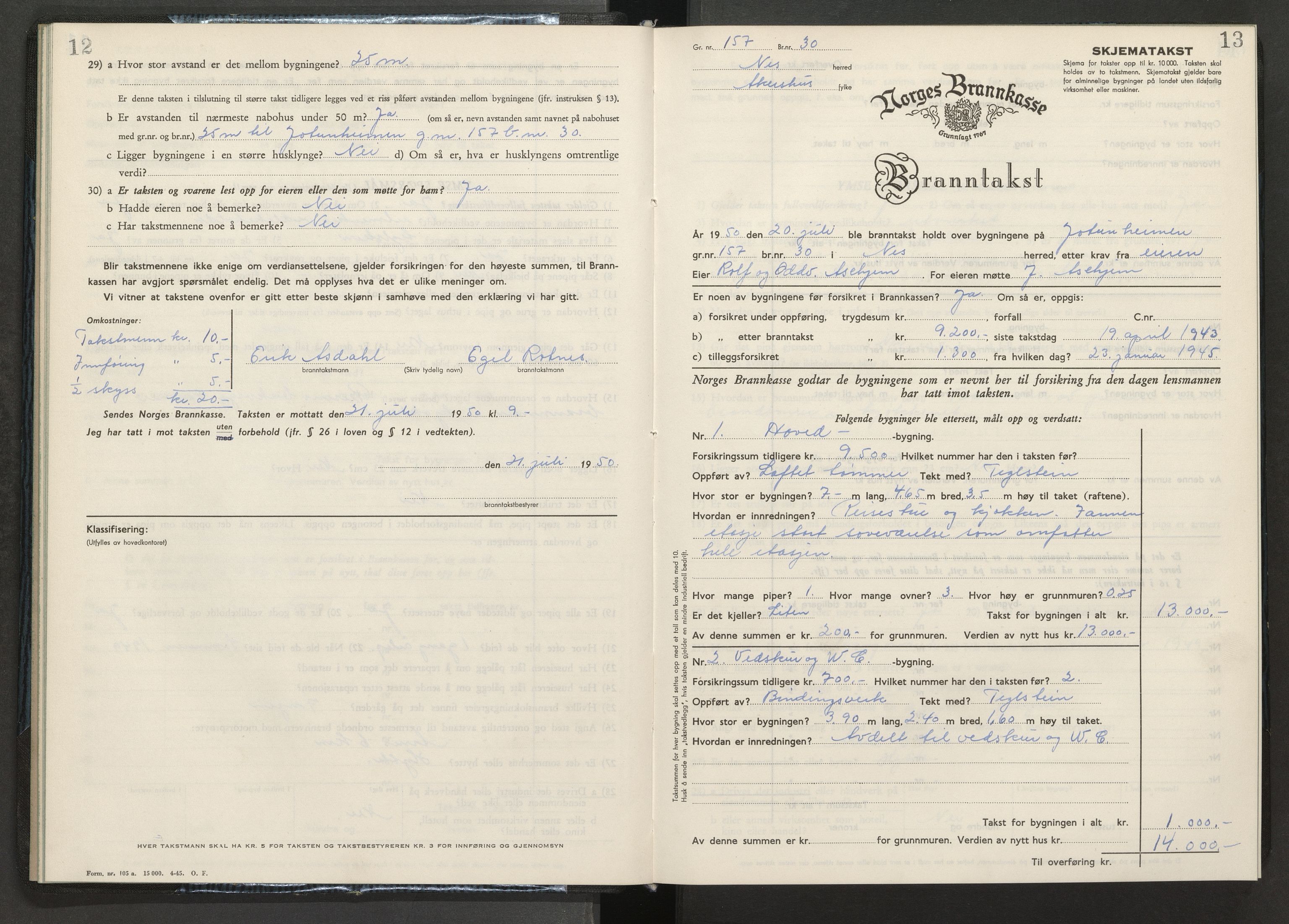 Norges brannkasse, branntakster Nes, AV/SAO-A-11392/F/Fb/L0004: Branntakstprotokoll, 1950-1955