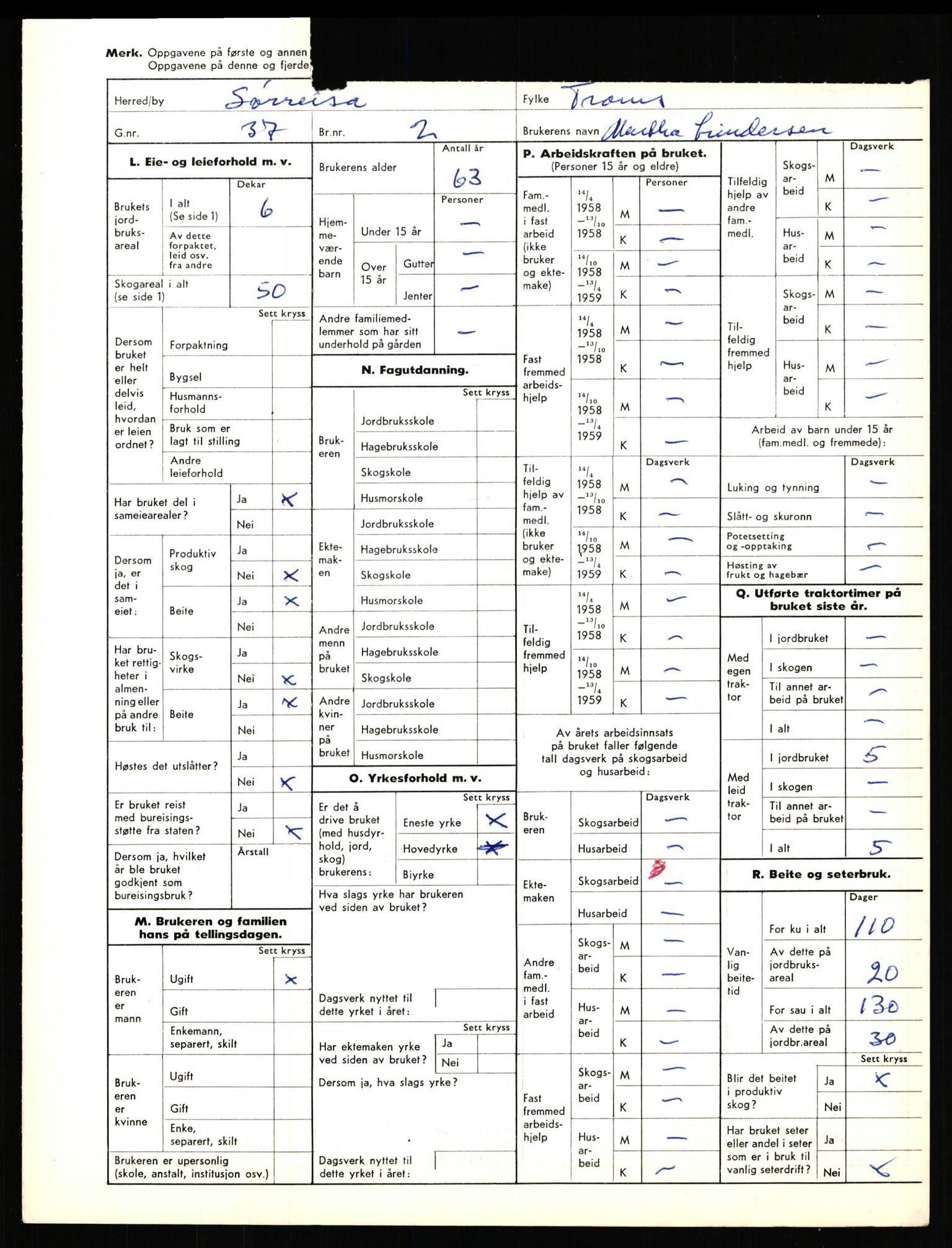 Statistisk sentralbyrå, Næringsøkonomiske emner, Jordbruk, skogbruk, jakt, fiske og fangst, AV/RA-S-2234/G/Gd/L0656: Troms: 1924 Målselv (kl. 0-3) og 1925 Sørreisa, 1959, s. 1371