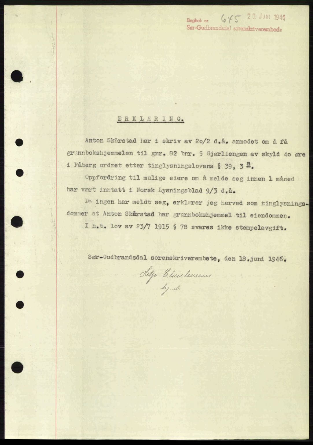 Sør-Gudbrandsdal tingrett, SAH/TING-004/H/Hb/Hbd/L0015: Pantebok nr. A15, 1945-1946, Dagboknr: 645/1946