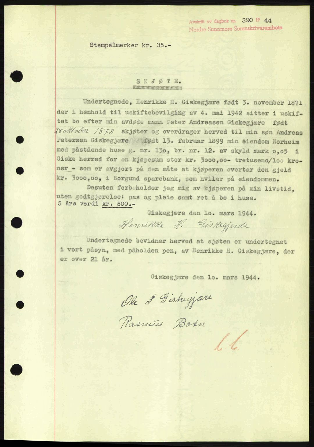 Nordre Sunnmøre sorenskriveri, AV/SAT-A-0006/1/2/2C/2Ca: Pantebok nr. A17, 1943-1944, Dagboknr: 390/1944