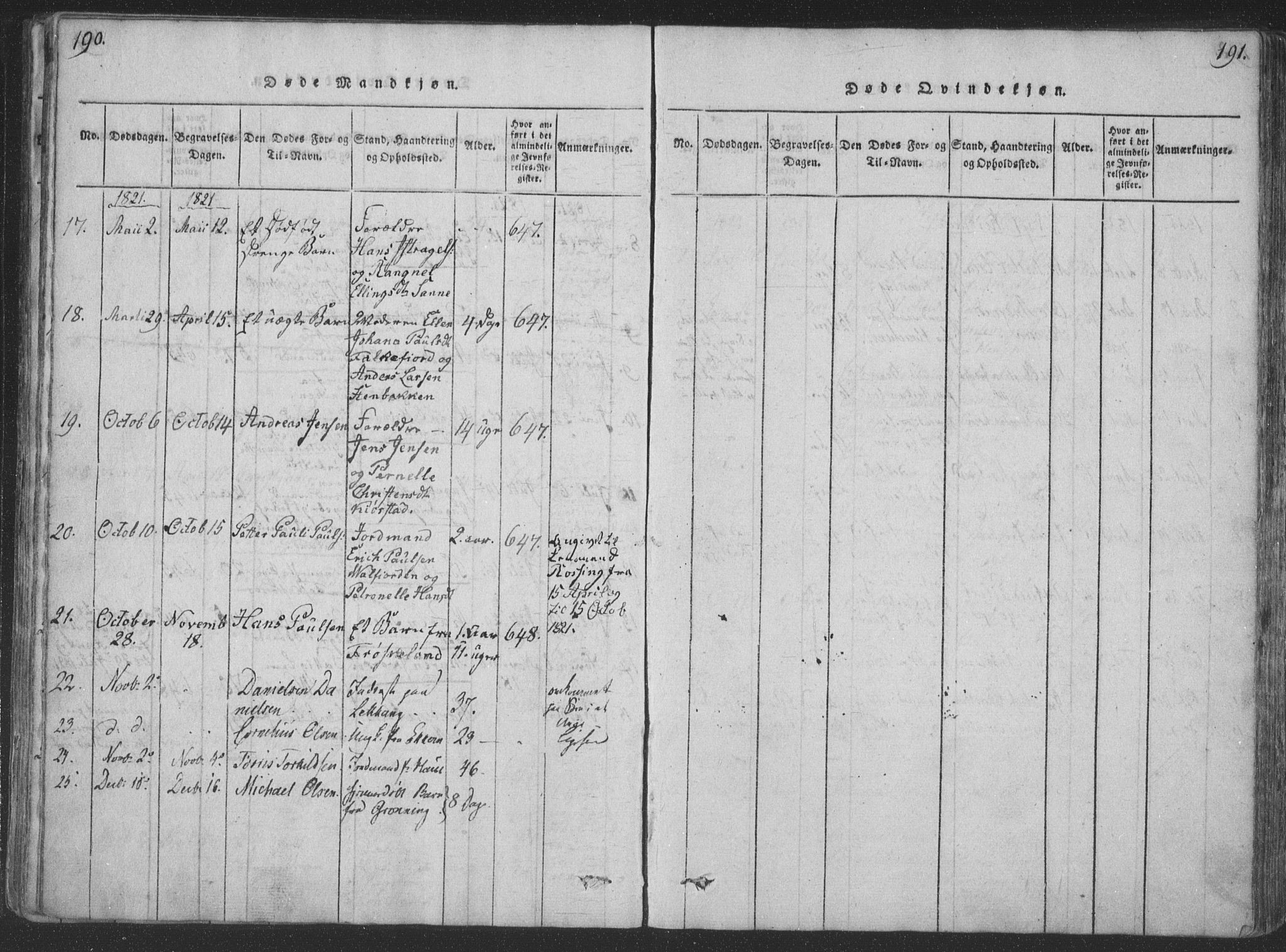 Ministerialprotokoller, klokkerbøker og fødselsregistre - Nordland, SAT/A-1459/888/L1262: Klokkerbok nr. 888C01, 1820-1836, s. 190-191