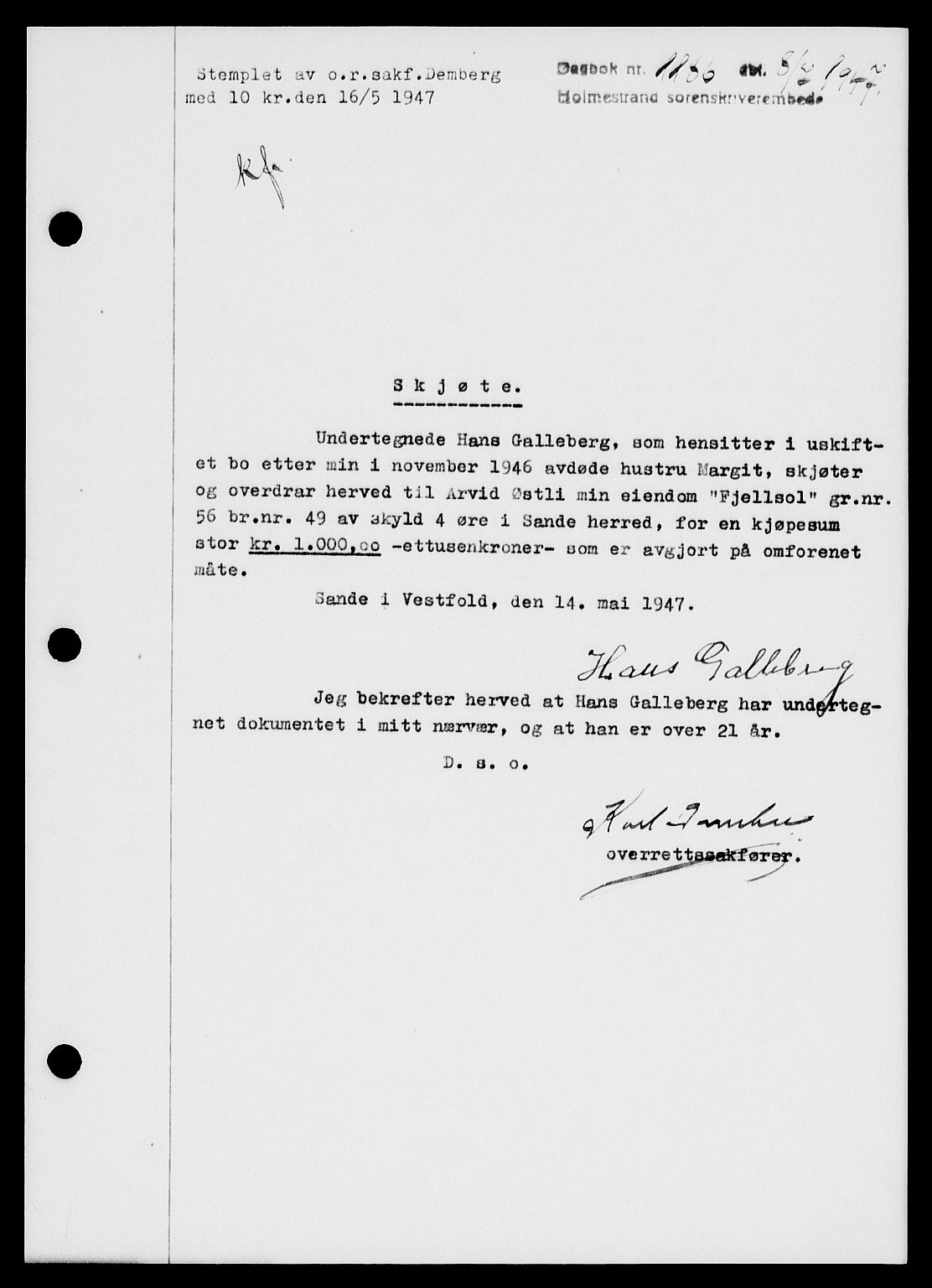 Holmestrand sorenskriveri, SAKO/A-67/G/Ga/Gaa/L0062: Pantebok nr. A-62, 1947-1947, Dagboknr: 1186/1947