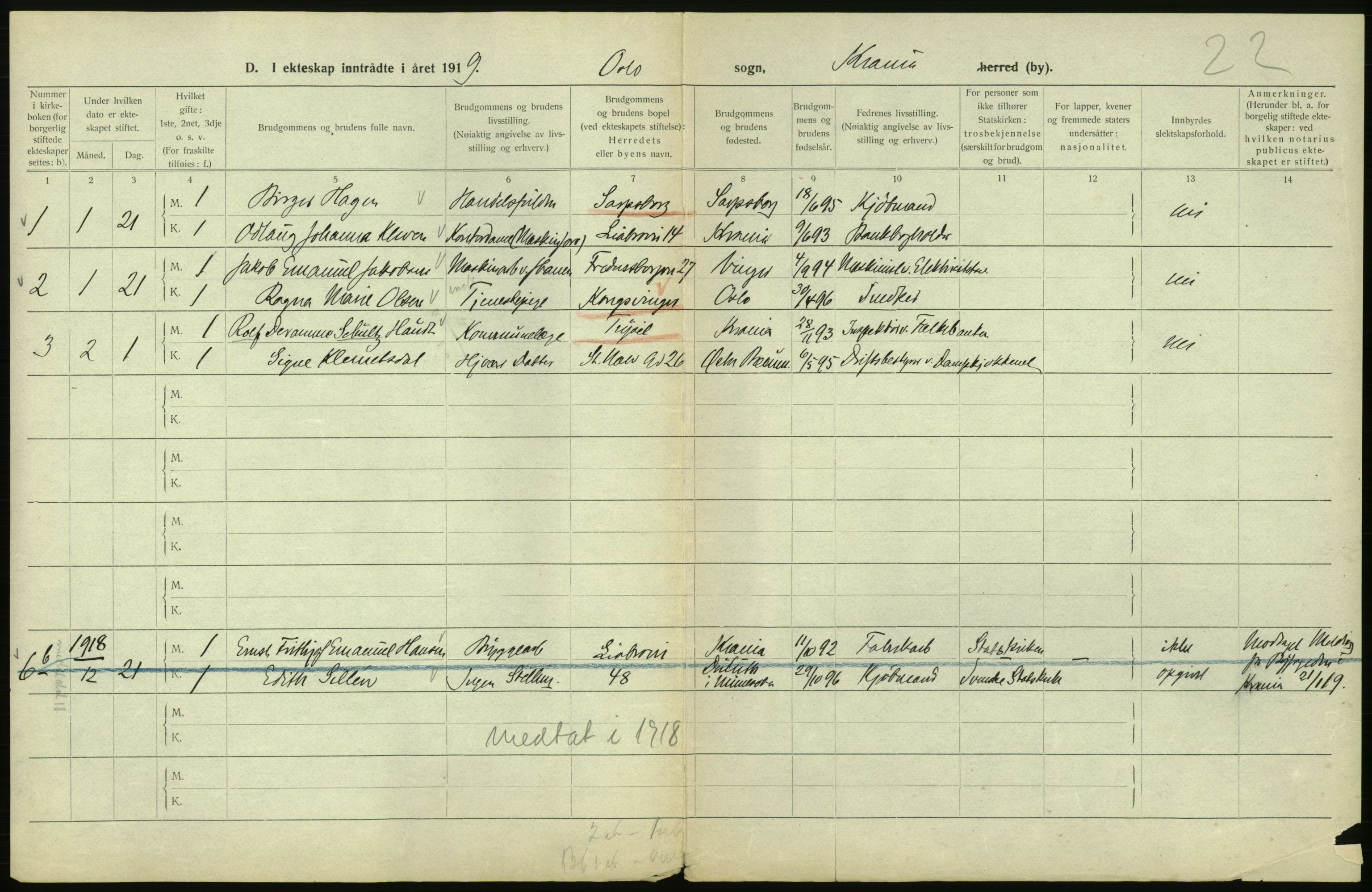 Statistisk sentralbyrå, Sosiodemografiske emner, Befolkning, AV/RA-S-2228/D/Df/Dfb/Dfbi/L0009: Kristiania: Gifte, 1919, s. 476