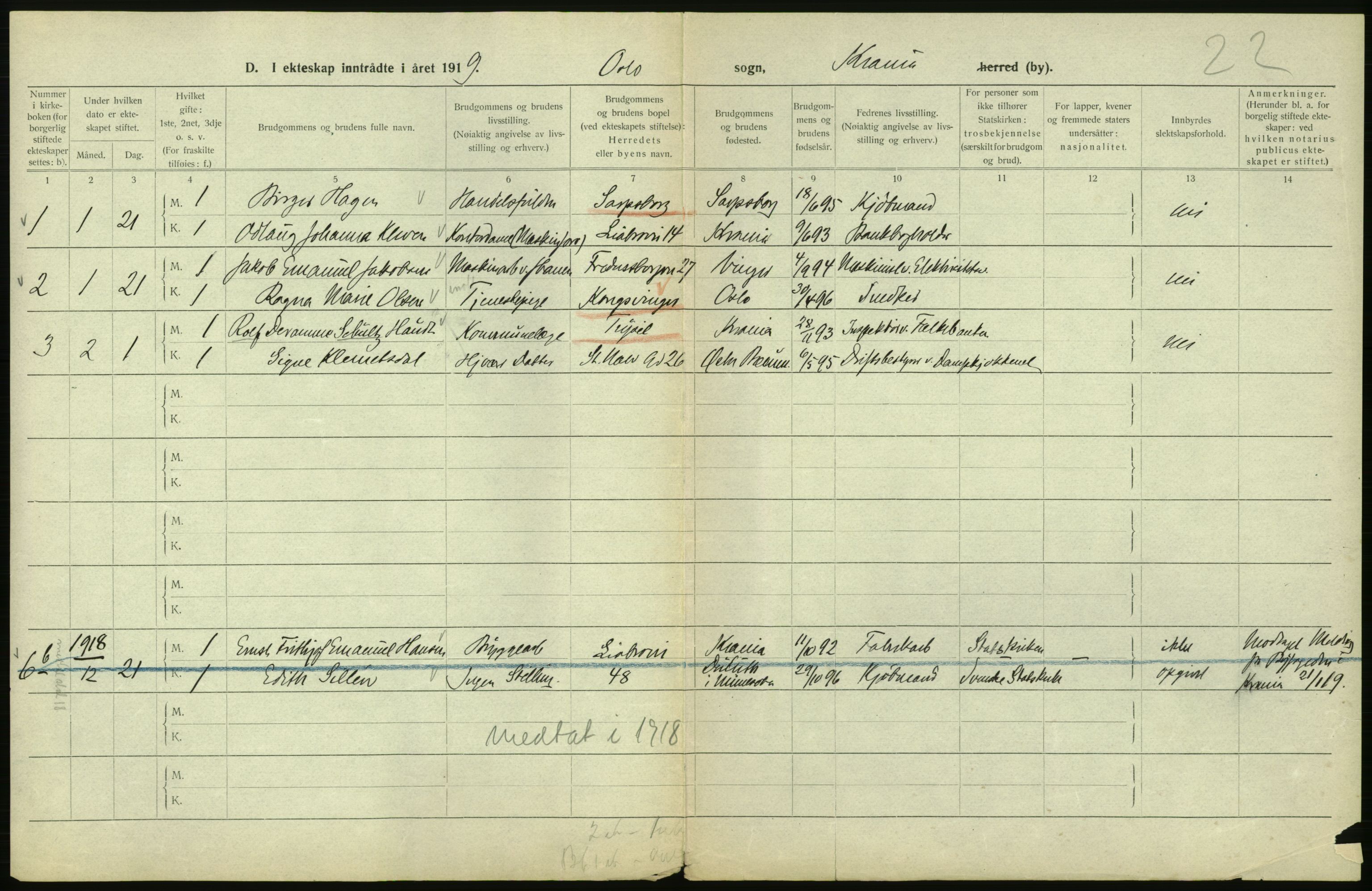 Statistisk sentralbyrå, Sosiodemografiske emner, Befolkning, RA/S-2228/D/Df/Dfb/Dfbi/L0009: Kristiania: Gifte, 1919, s. 476