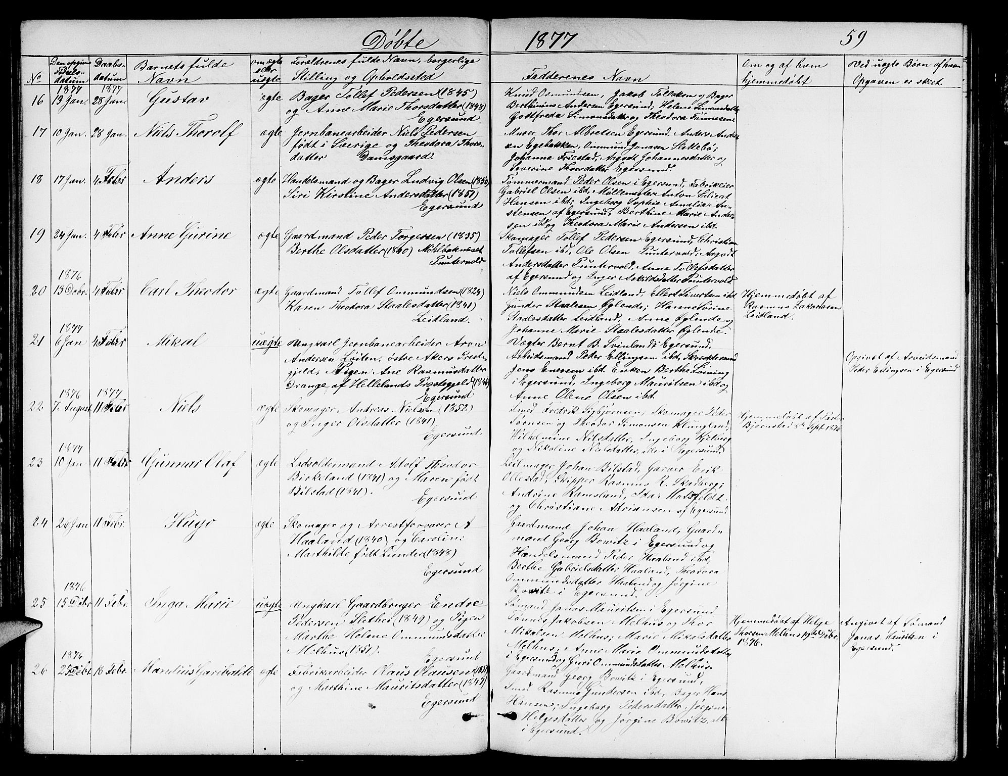 Eigersund sokneprestkontor, AV/SAST-A-101807/S09/L0005: Klokkerbok nr. B 5, 1872-1881, s. 59