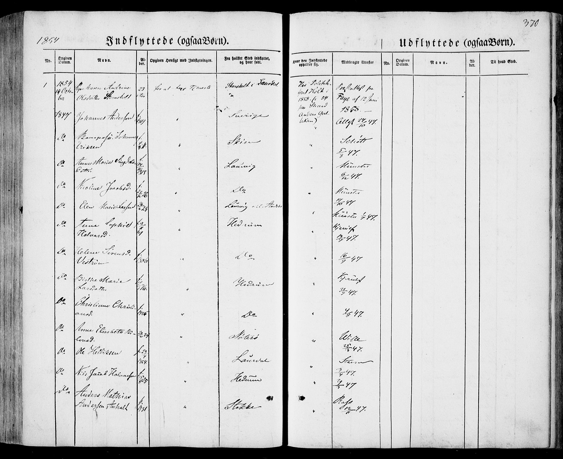 Sandar kirkebøker, AV/SAKO-A-243/F/Fa/L0006: Ministerialbok nr. 6, 1847-1860, s. 370