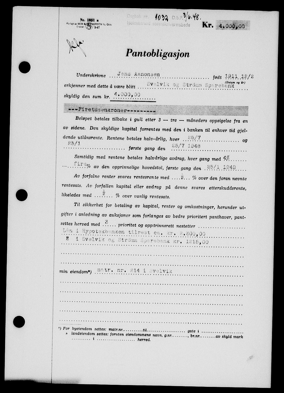 Holmestrand sorenskriveri, SAKO/A-67/G/Ga/Gab/L0058: Pantebok nr. B-58, 1947-1948, Dagboknr: 1032/1948
