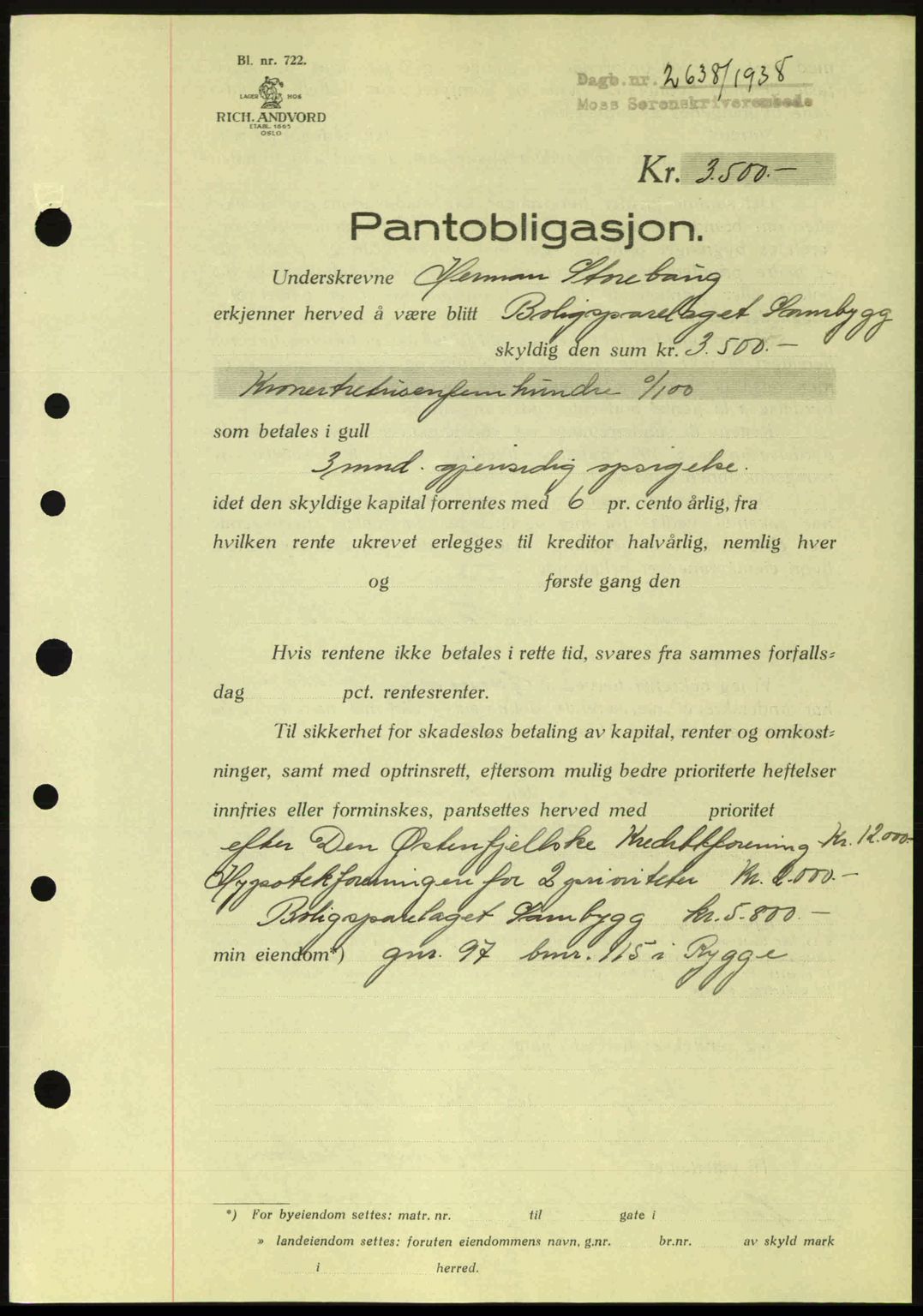 Moss sorenskriveri, SAO/A-10168: Pantebok nr. B6, 1938-1938, Dagboknr: 2638/1938