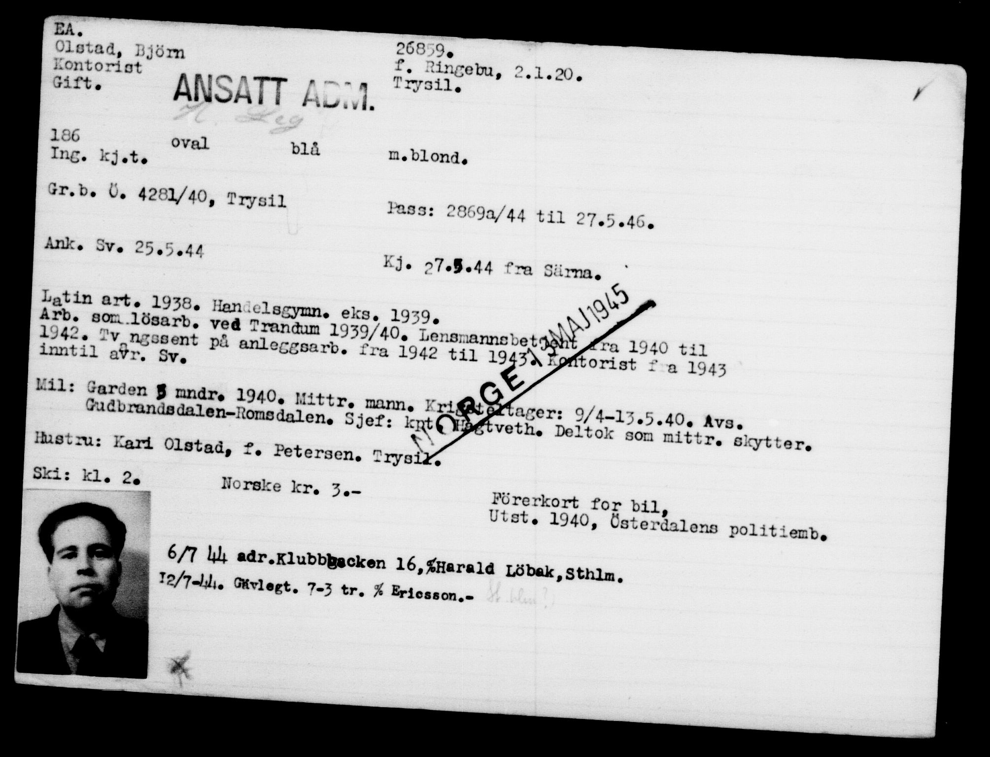 Utenriksstasjonene, Legasjonen i Stockholm, Flyktningkontoret, AV/RA-S-6753/V/Va/L0011: Kjesäterkartoteket, flyktninger med registreringsnr. 25300-28349, 1940-1945, s. 1636