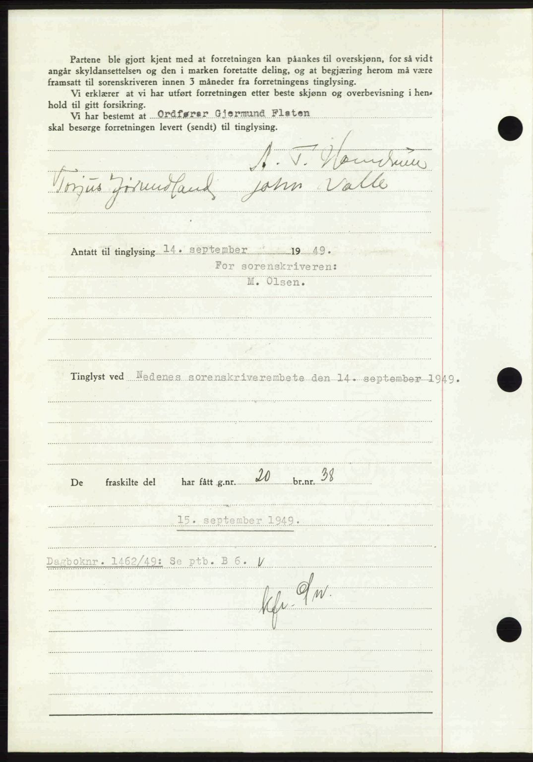 Nedenes sorenskriveri, SAK/1221-0006/G/Gb/Gba/L0061: Pantebok nr. A13, 1949-1949, Dagboknr: 1461/1949