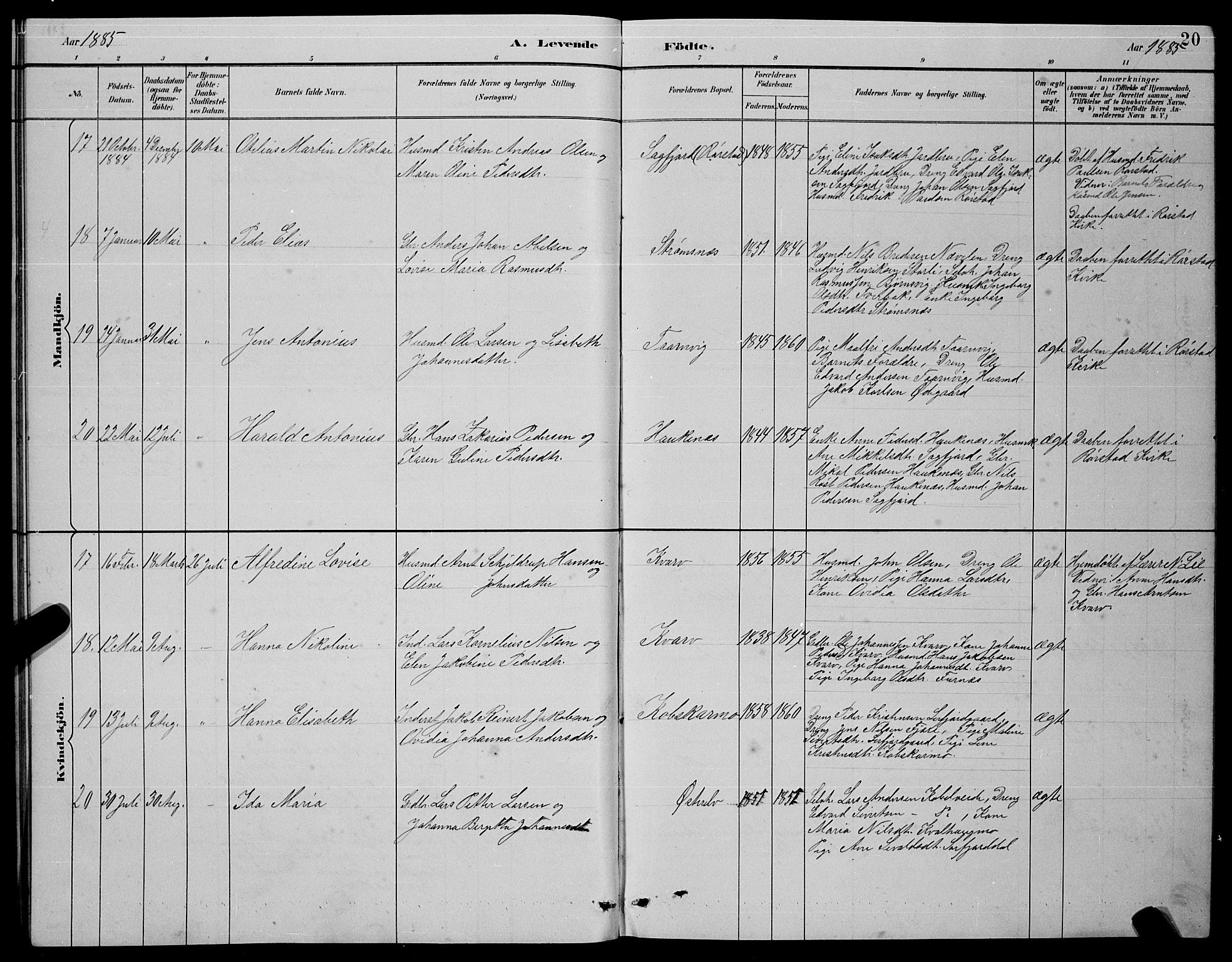 Ministerialprotokoller, klokkerbøker og fødselsregistre - Nordland, AV/SAT-A-1459/854/L0785: Klokkerbok nr. 854C01, 1883-1891, s. 20