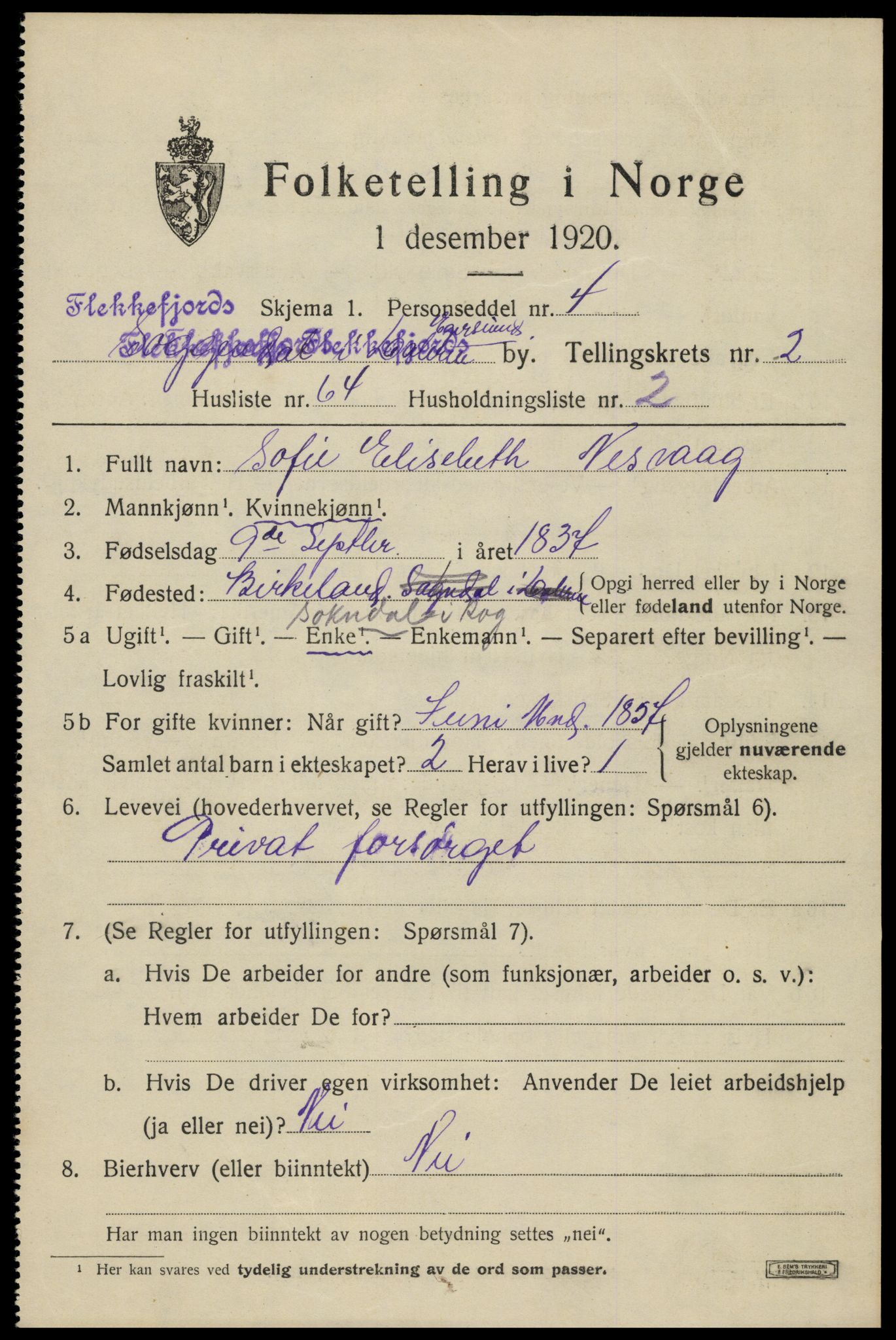 SAK, Folketelling 1920 for 1004 Flekkefjord kjøpstad, 1920, s. 3268