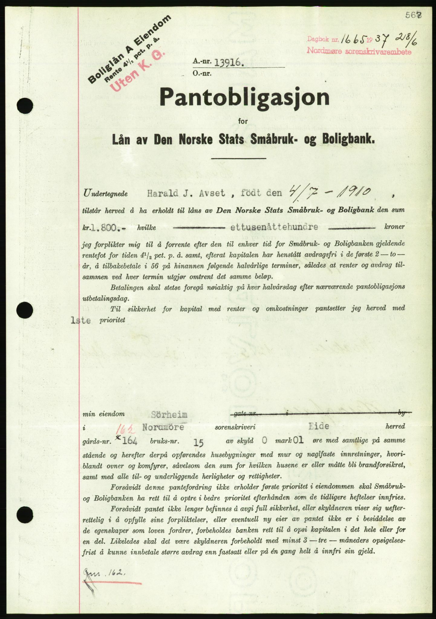 Nordmøre sorenskriveri, AV/SAT-A-4132/1/2/2Ca/L0091: Pantebok nr. B81, 1937-1937, Dagboknr: 1665/1937