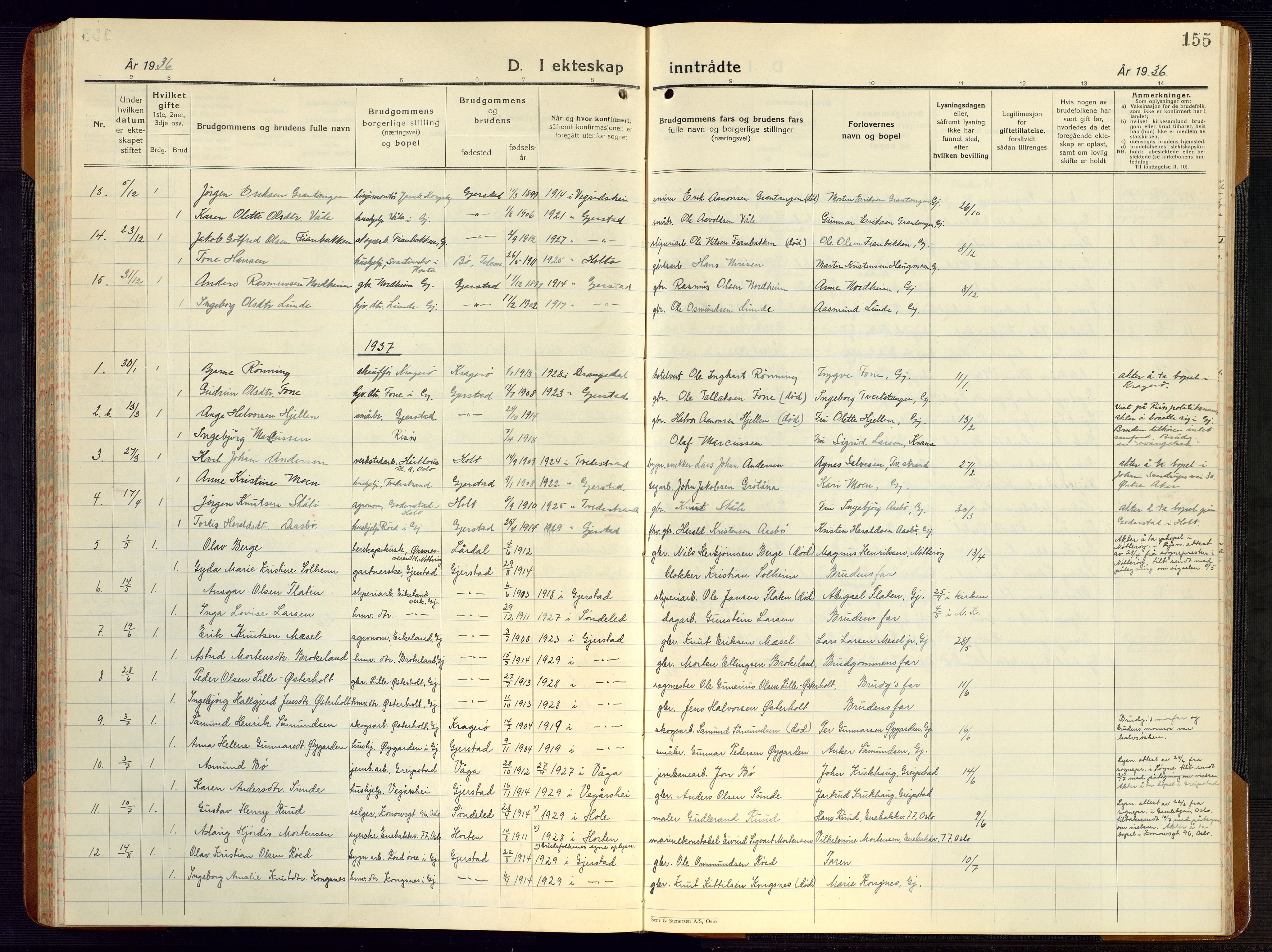 Gjerstad sokneprestkontor, SAK/1111-0014/F/Fb/Fba/L0009: Klokkerbok nr. B 9, 1925-1946, s. 155