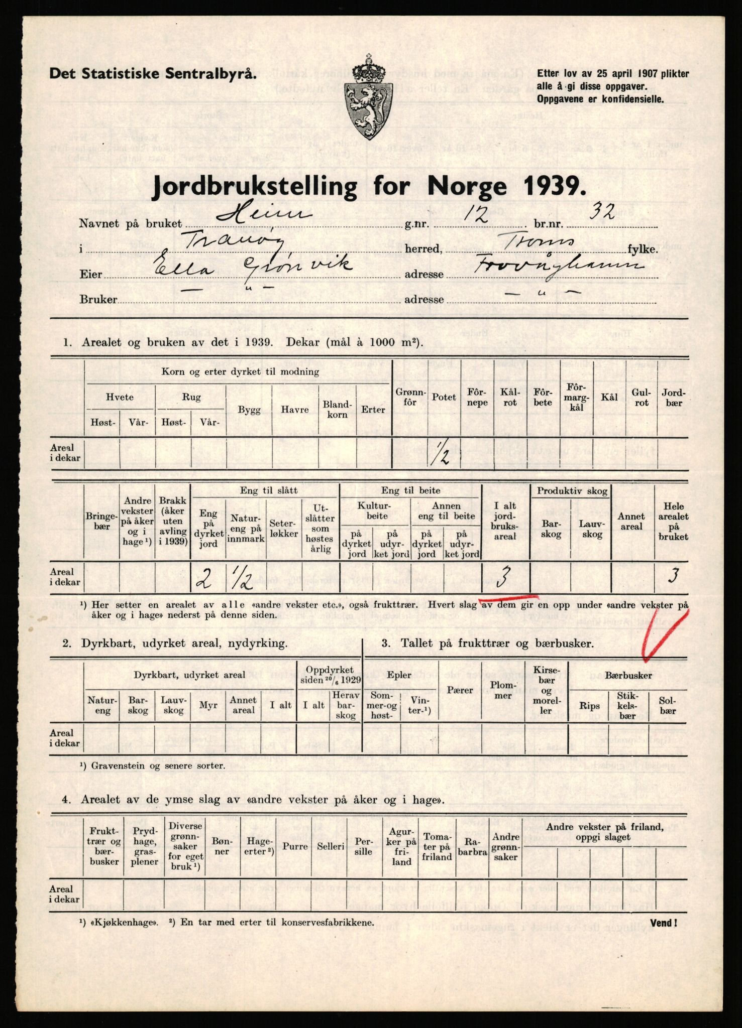 Statistisk sentralbyrå, Næringsøkonomiske emner, Jordbruk, skogbruk, jakt, fiske og fangst, AV/RA-S-2234/G/Gb/L0341: Troms: Sørreisa og Tranøy, 1939, s. 883