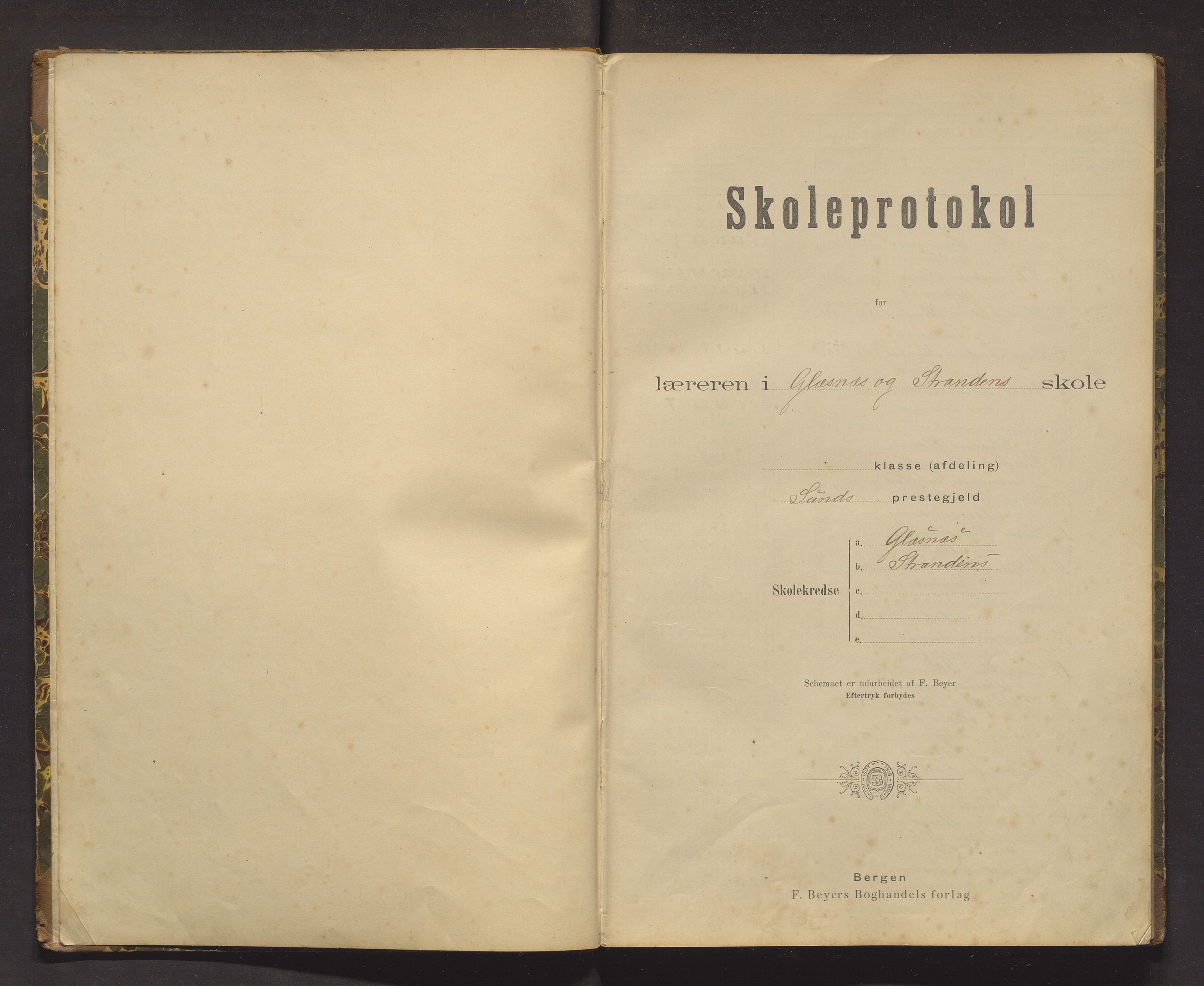 Sund kommune. Barneskulane, IKAH/1245-231/F/Fb/L0001: Skuleprotokoll for Glesnes og Stranda, 1900-1919