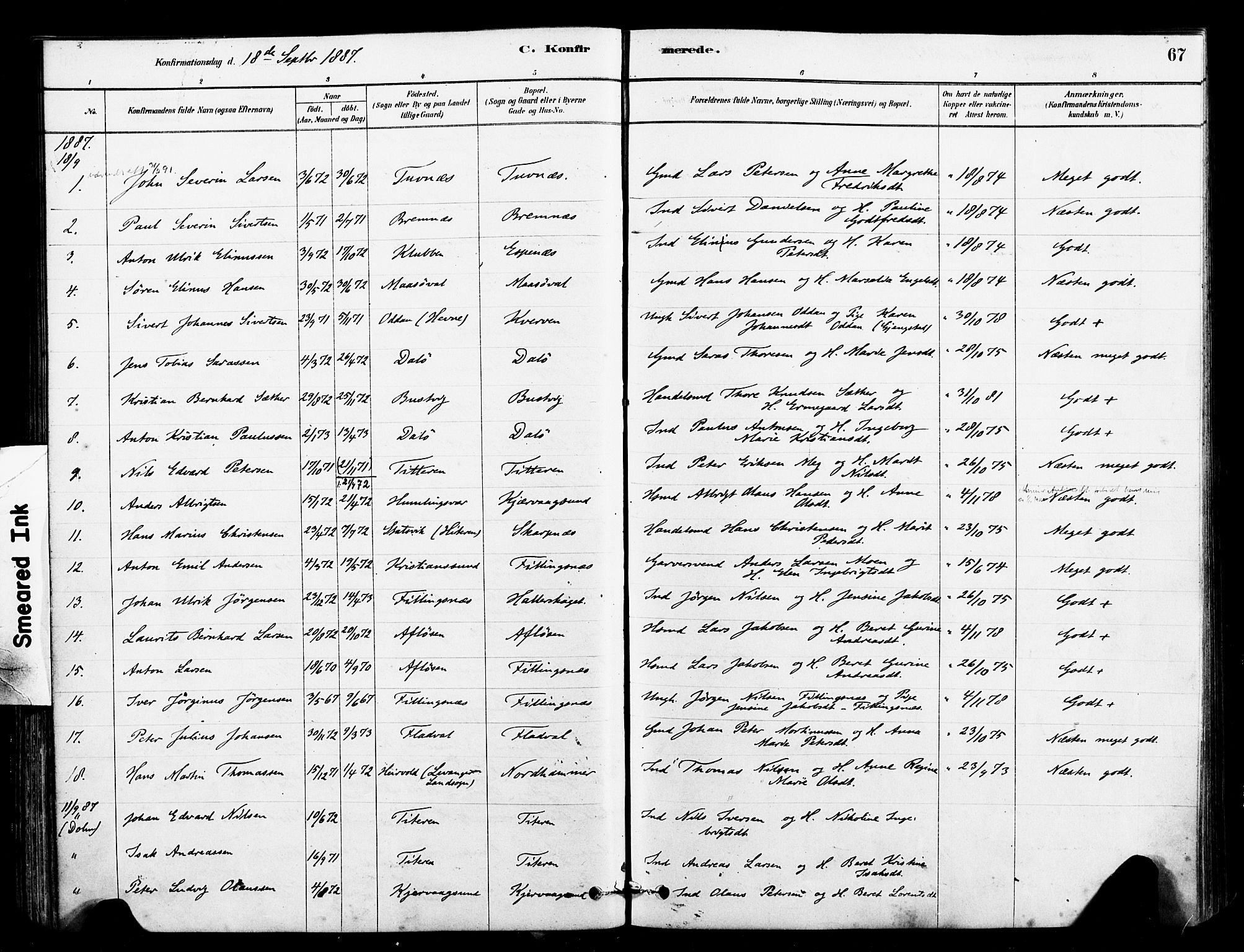 Ministerialprotokoller, klokkerbøker og fødselsregistre - Sør-Trøndelag, AV/SAT-A-1456/641/L0595: Ministerialbok nr. 641A01, 1882-1897, s. 67