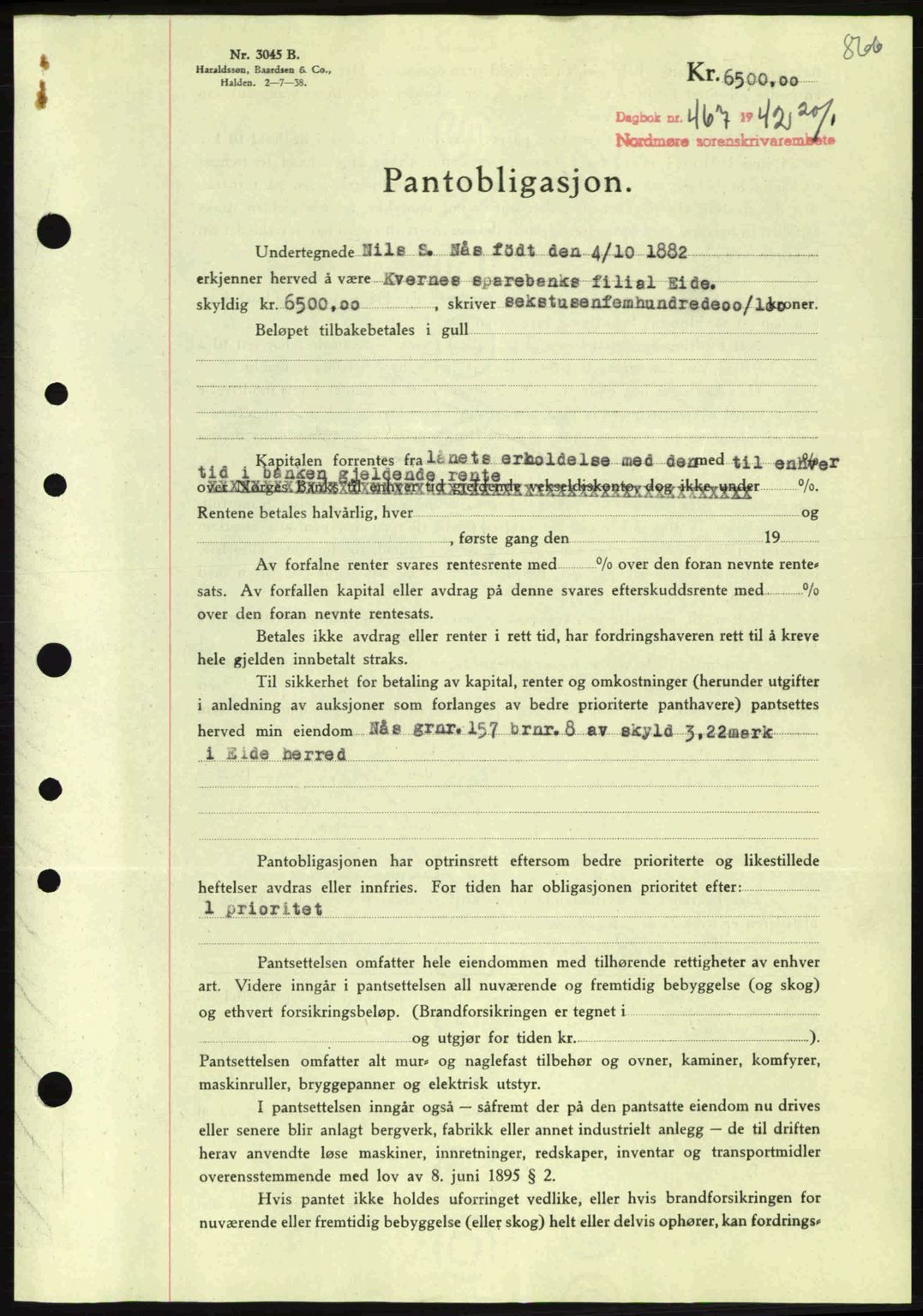 Nordmøre sorenskriveri, SAT/A-4132/1/2/2Ca: Pantebok nr. B88, 1941-1942, Dagboknr: 467/1942
