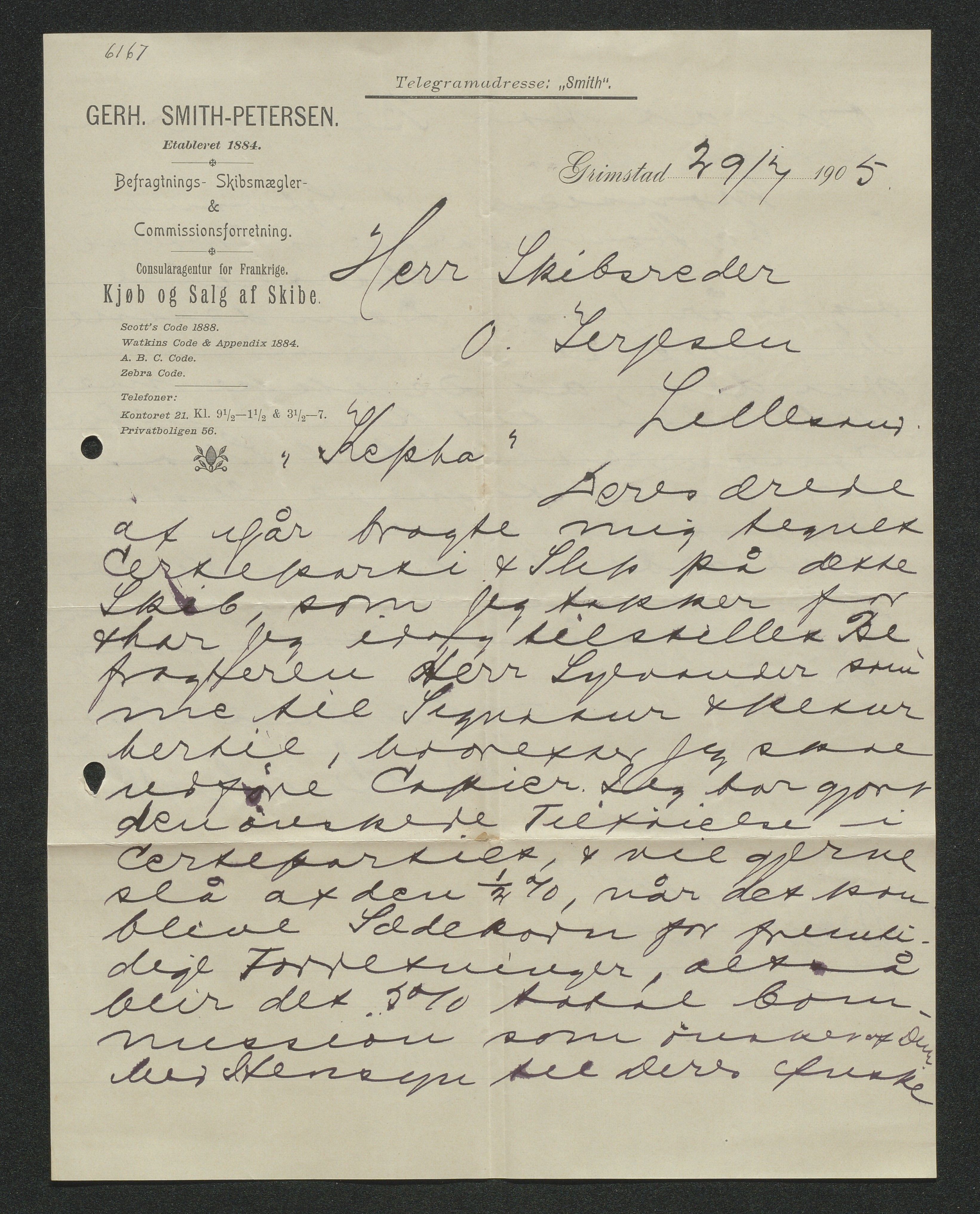 O. Terjesens rederi, AAKS/PA-2525/E/E01/L0013: Korrespondanse, 1904-1905
