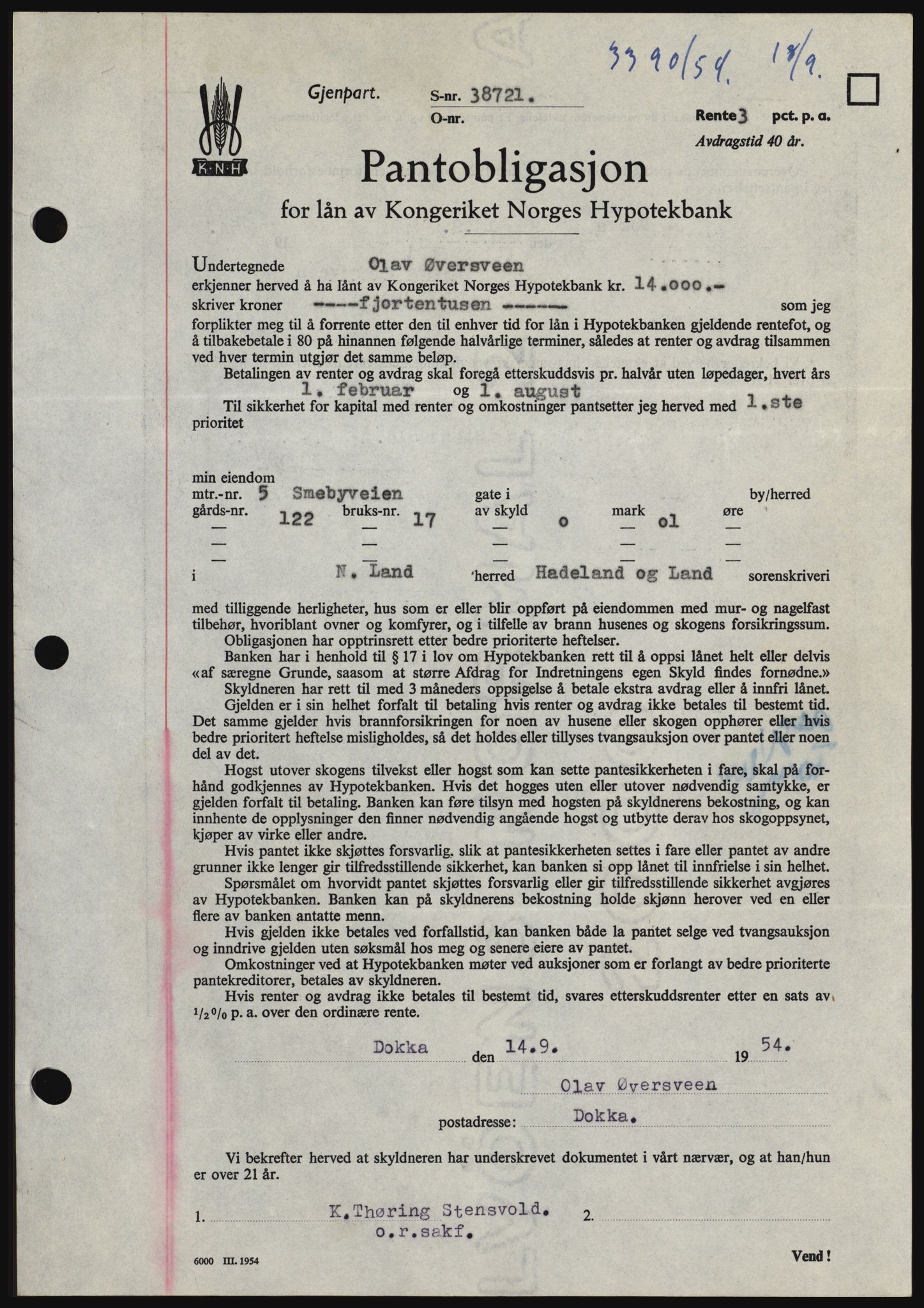 Hadeland og Land tingrett, SAH/TING-010/H/Hb/Hbc/L0030: Pantebok nr. B30, 1954-1954, Dagboknr: 3390/1954