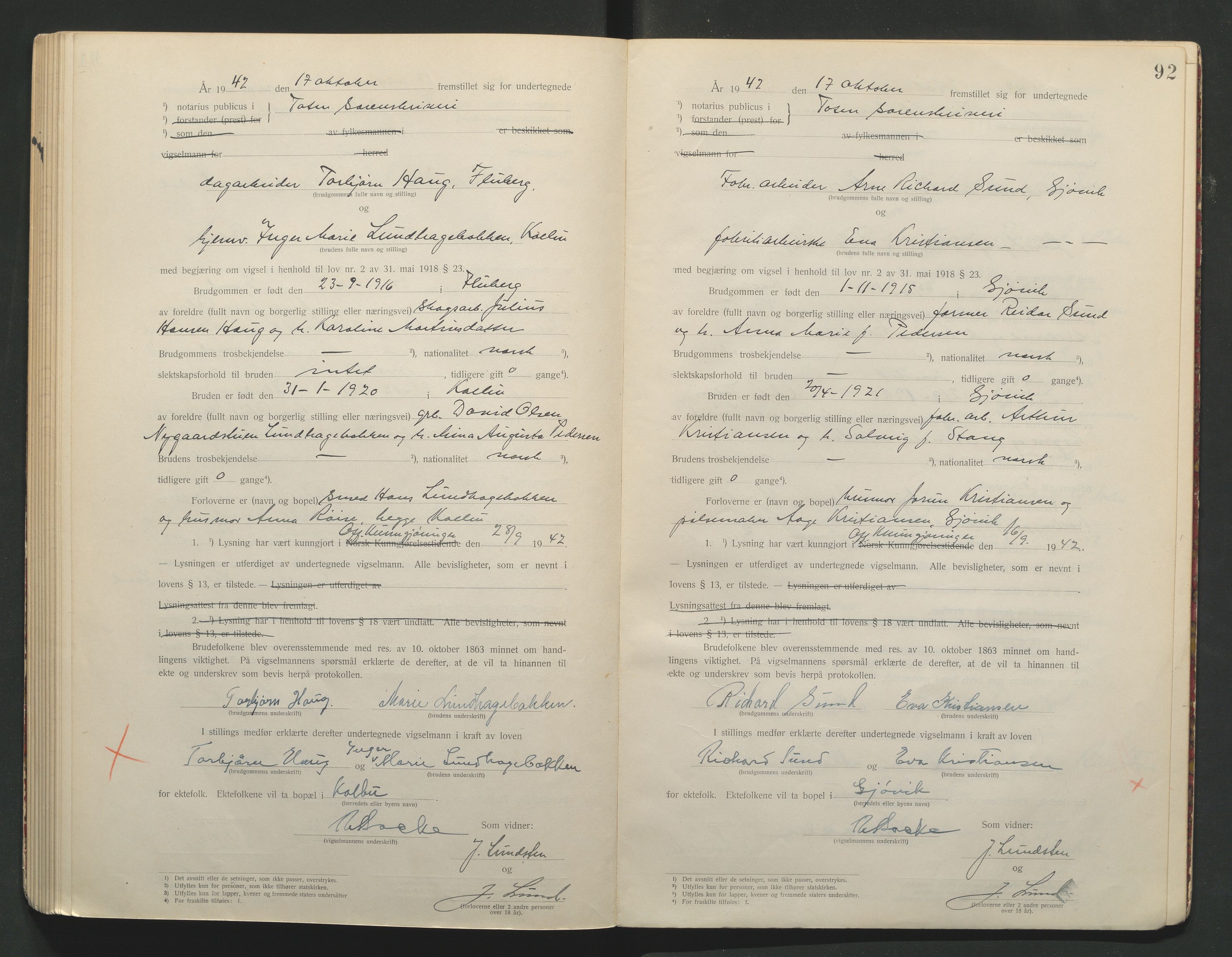 Toten tingrett, AV/SAH-TING-006/L/Lc/L0001: Vigselbok, 1920-1942, s. 92