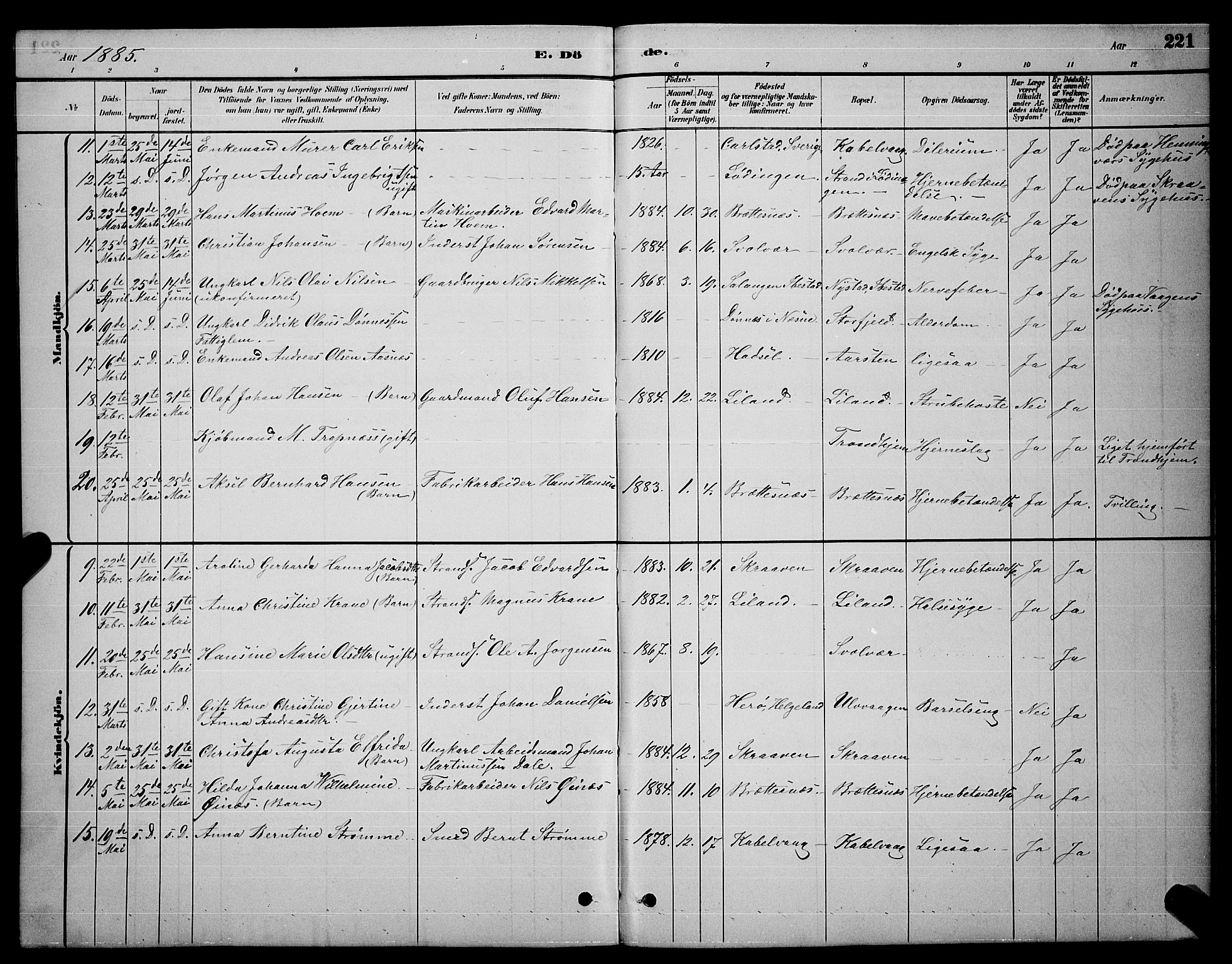 Ministerialprotokoller, klokkerbøker og fødselsregistre - Nordland, AV/SAT-A-1459/874/L1076: Klokkerbok nr. 874C05, 1884-1890, s. 221