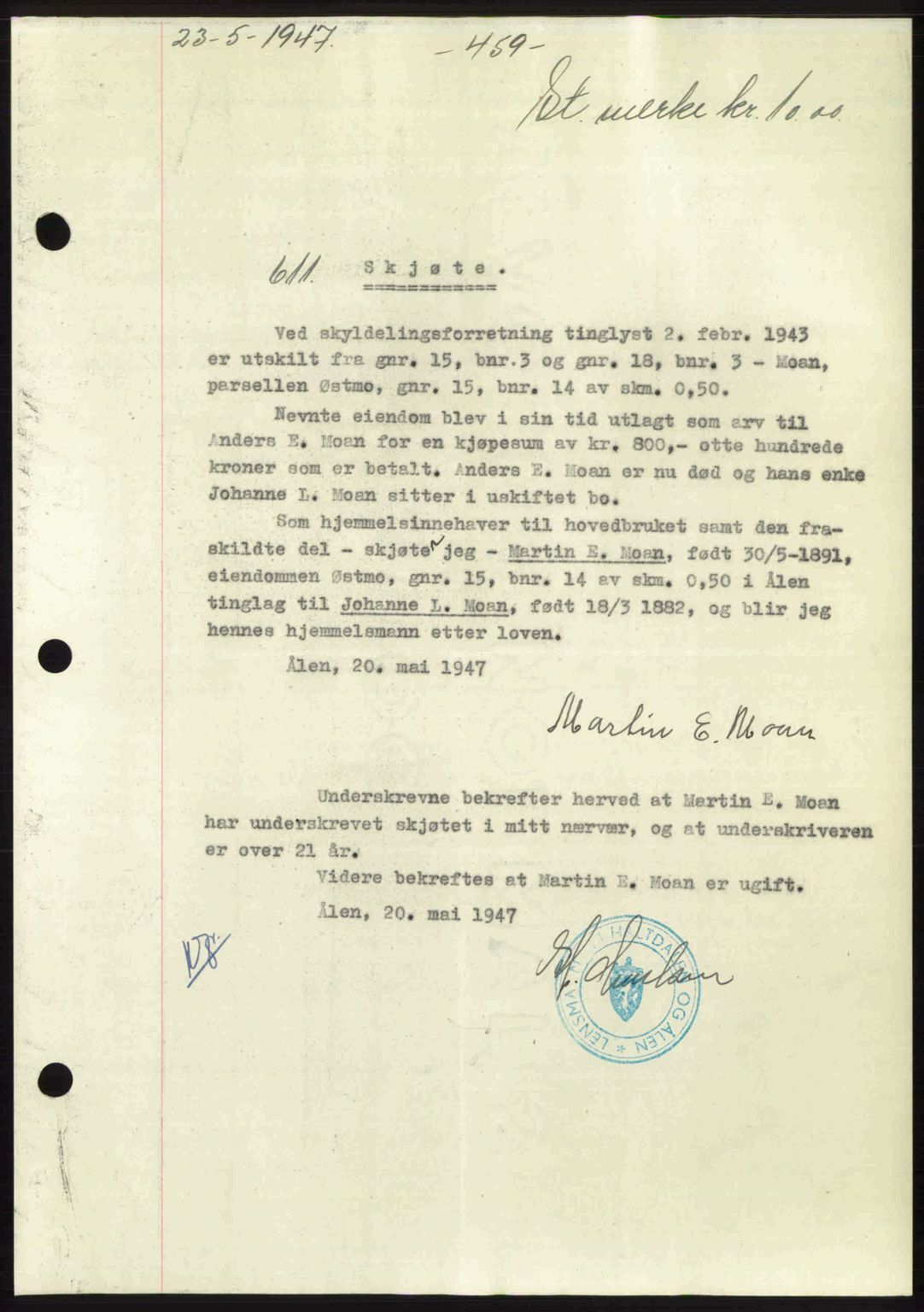 Gauldal sorenskriveri, SAT/A-0014/1/2/2C: Pantebok nr. A3, 1947-1947, Dagboknr: 611/1947