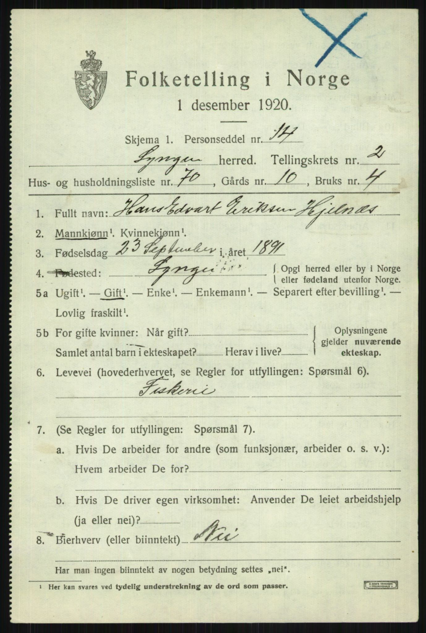 SATØ, Folketelling 1920 for 1938 Lyngen herred, 1920, s. 3491