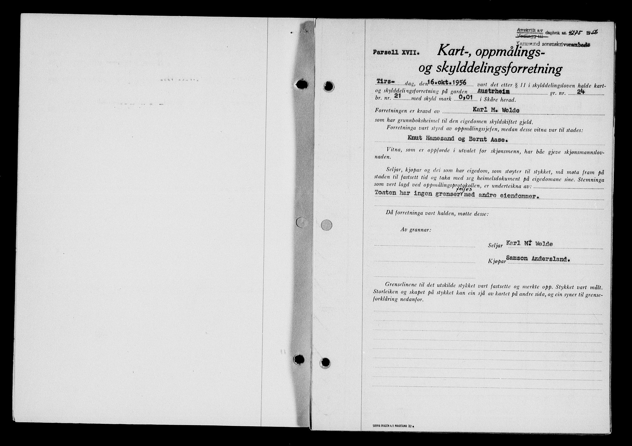 Karmsund sorenskriveri, SAST/A-100311/01/II/IIB/L0122: Pantebok nr. 102A, 1956-1956, Dagboknr: 4275/1956