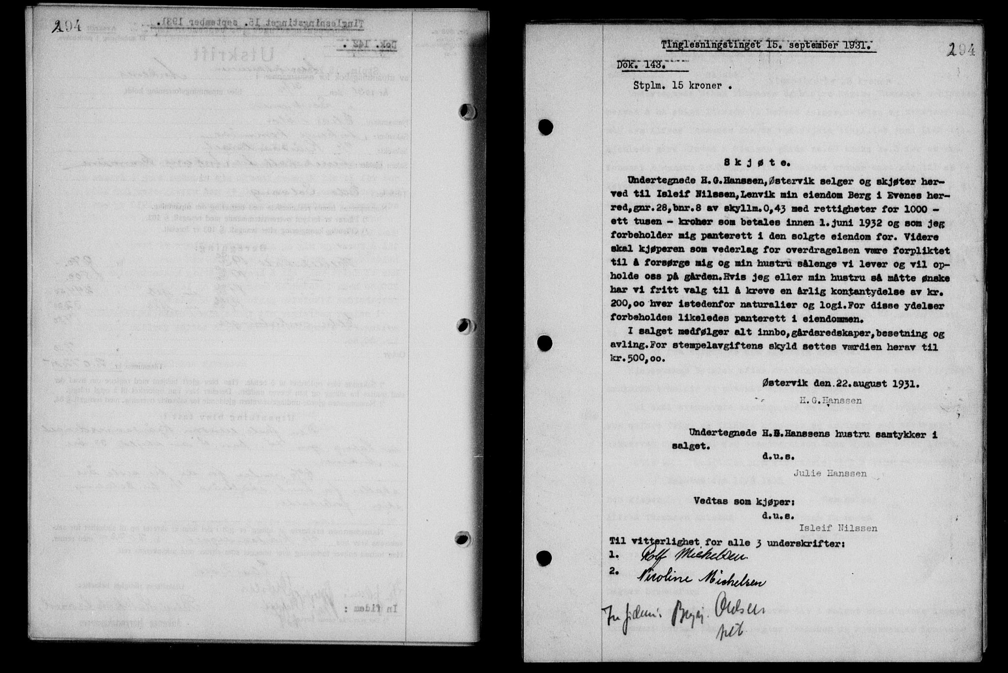 Steigen og Ofoten sorenskriveri, SAT/A-0030/1/2/2C/L0019: Pantebok nr. 22, 1931-1931, Tingl.dato: 15.09.1931