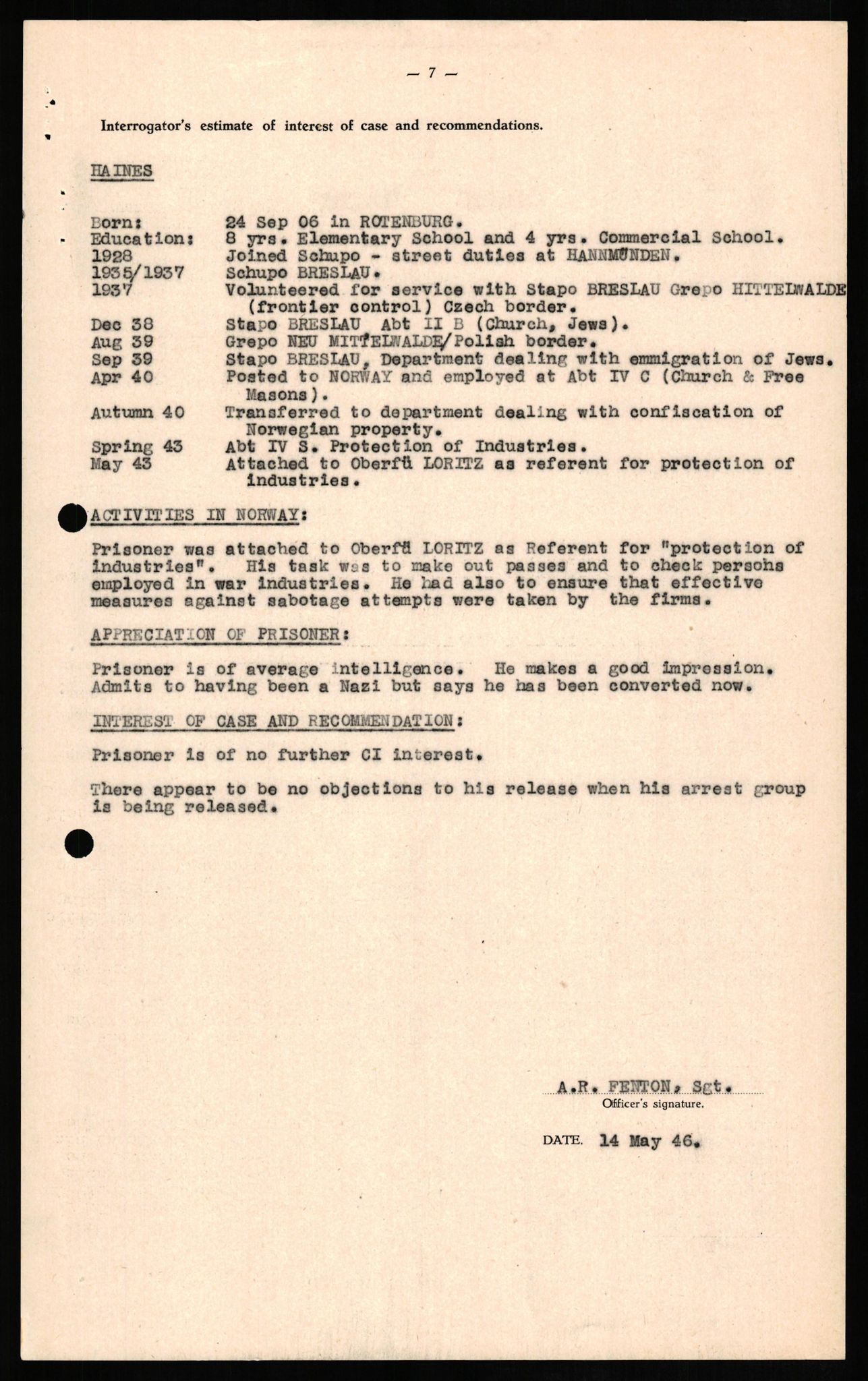 Forsvaret, Forsvarets overkommando II, AV/RA-RAFA-3915/D/Db/L0011: CI Questionaires. Tyske okkupasjonsstyrker i Norge. Tyskere., 1945-1946, s. 331