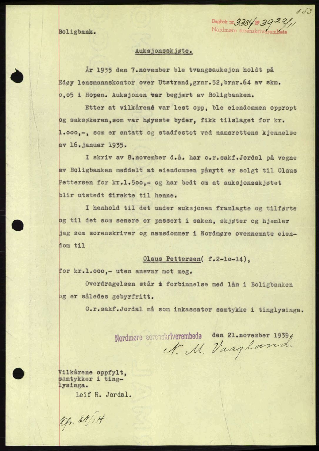 Nordmøre sorenskriveri, SAT/A-4132/1/2/2Ca: Pantebok nr. A87, 1939-1940, Dagboknr: 3384/1939