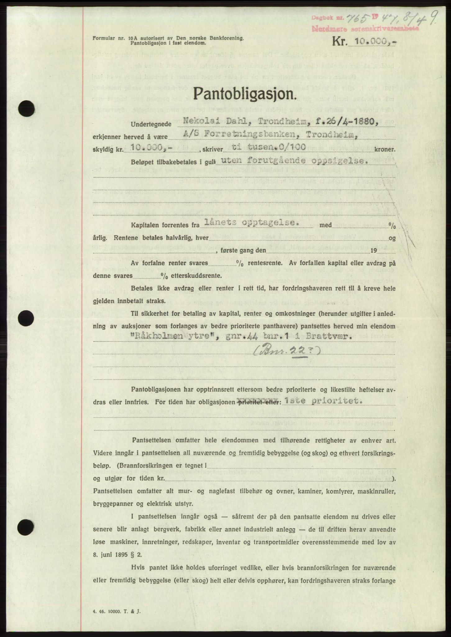 Nordmøre sorenskriveri, SAT/A-4132/1/2/2Ca: Pantebok nr. B96, 1947-1947, Dagboknr: 765/1947