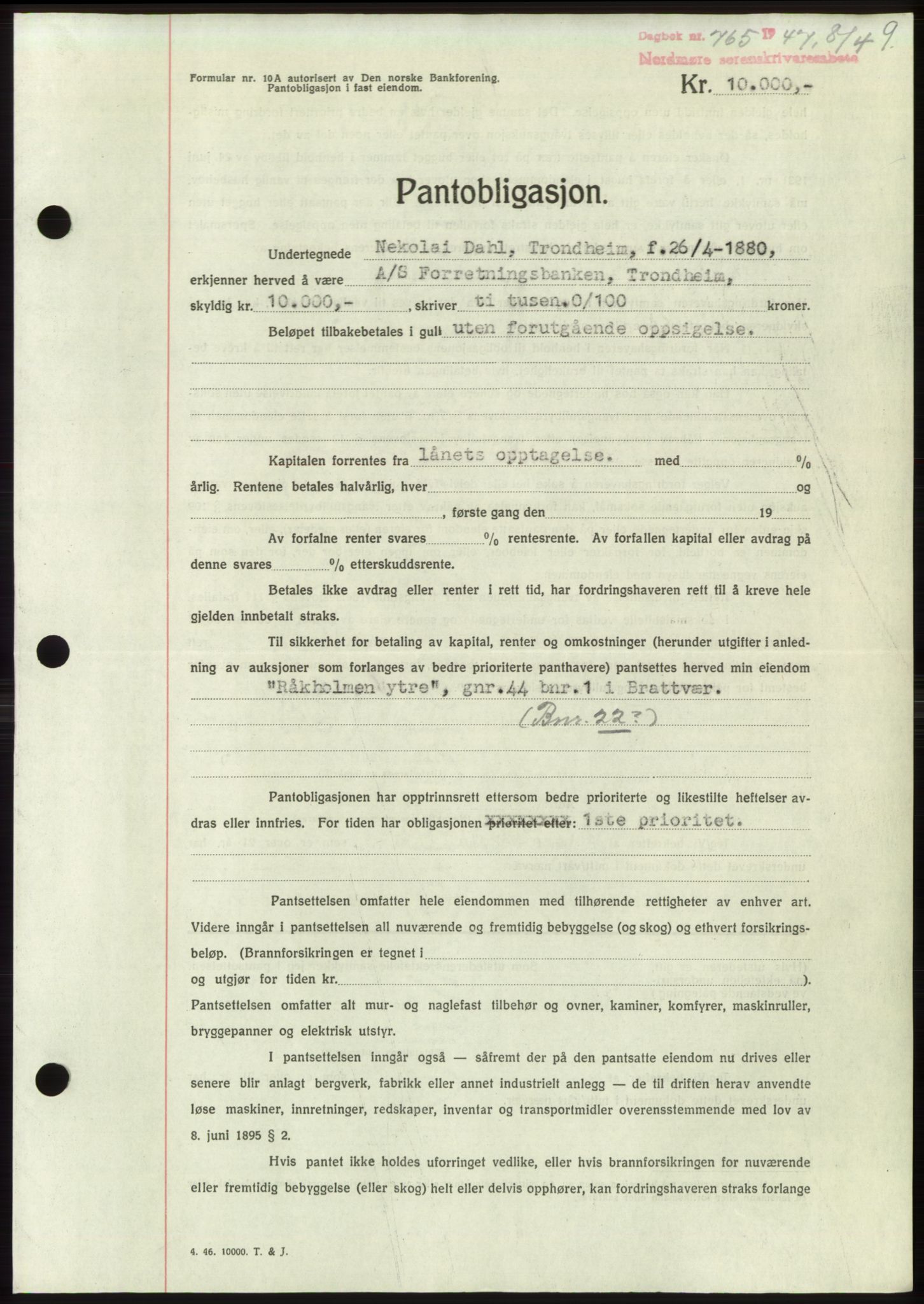 Nordmøre sorenskriveri, AV/SAT-A-4132/1/2/2Ca: Pantebok nr. B96, 1947-1947, Dagboknr: 765/1947