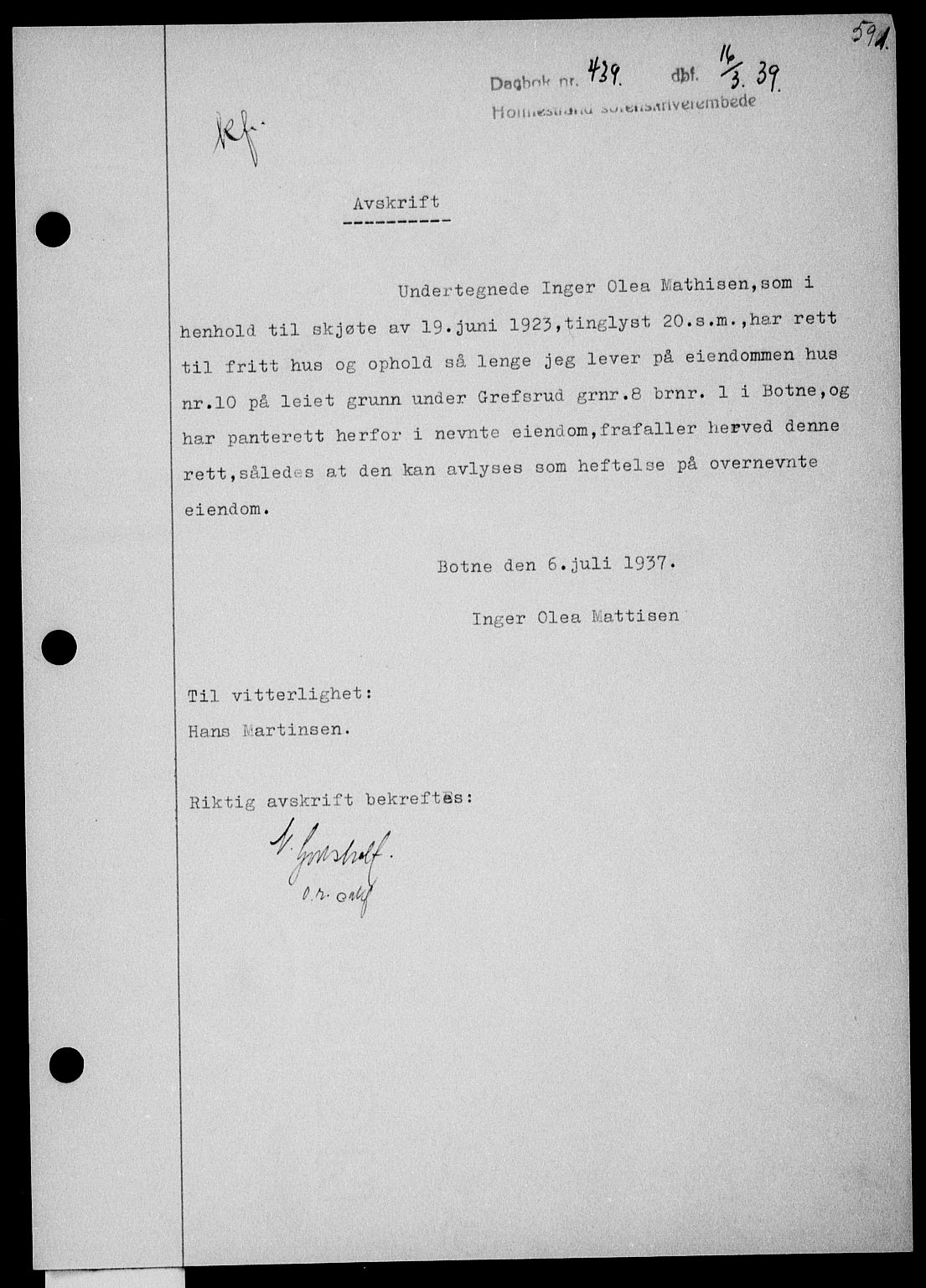 Holmestrand sorenskriveri, SAKO/A-67/G/Ga/Gaa/L0050: Pantebok nr. A-50, 1938-1939, Dagboknr: 439/1939