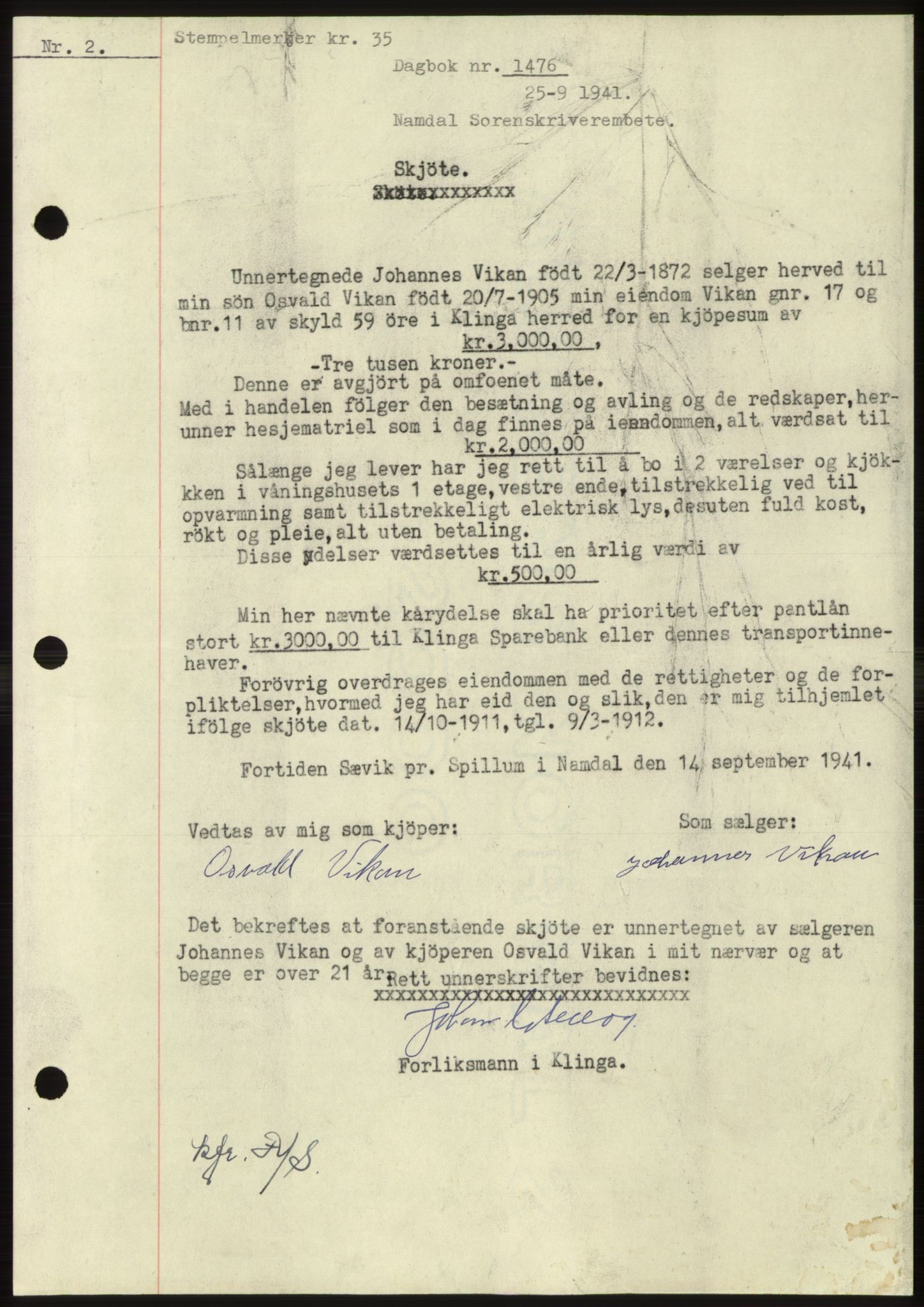Namdal sorenskriveri, SAT/A-4133/1/2/2C: Pantebok nr. -, 1941-1942, Dagboknr: 1476/1941