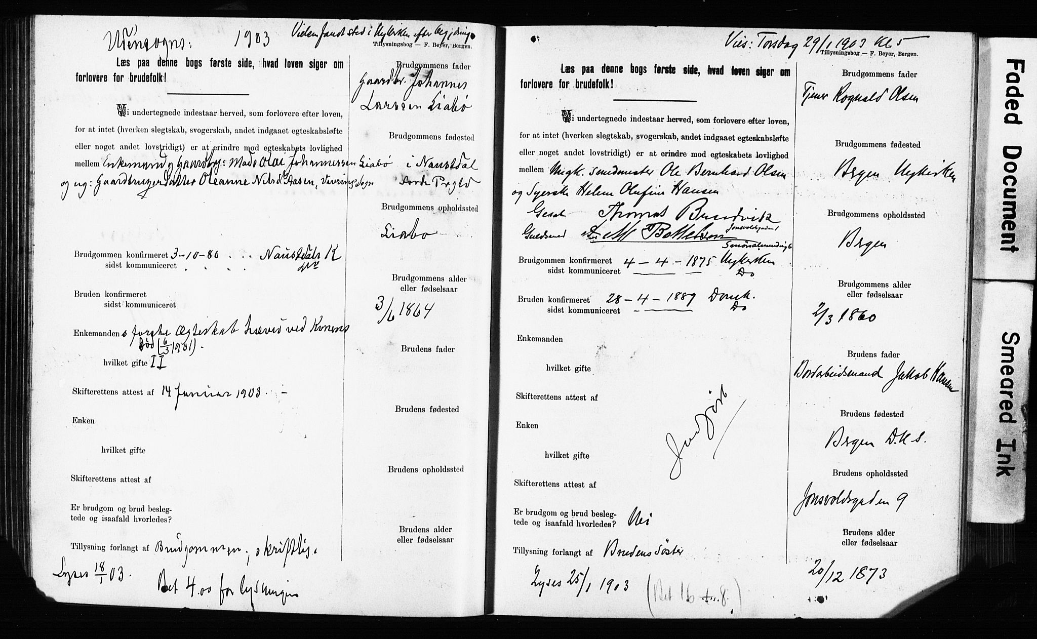 Domkirken sokneprestembete, SAB/A-74801: Forlovererklæringer nr. II.5.11, 1899-1910, s. 113