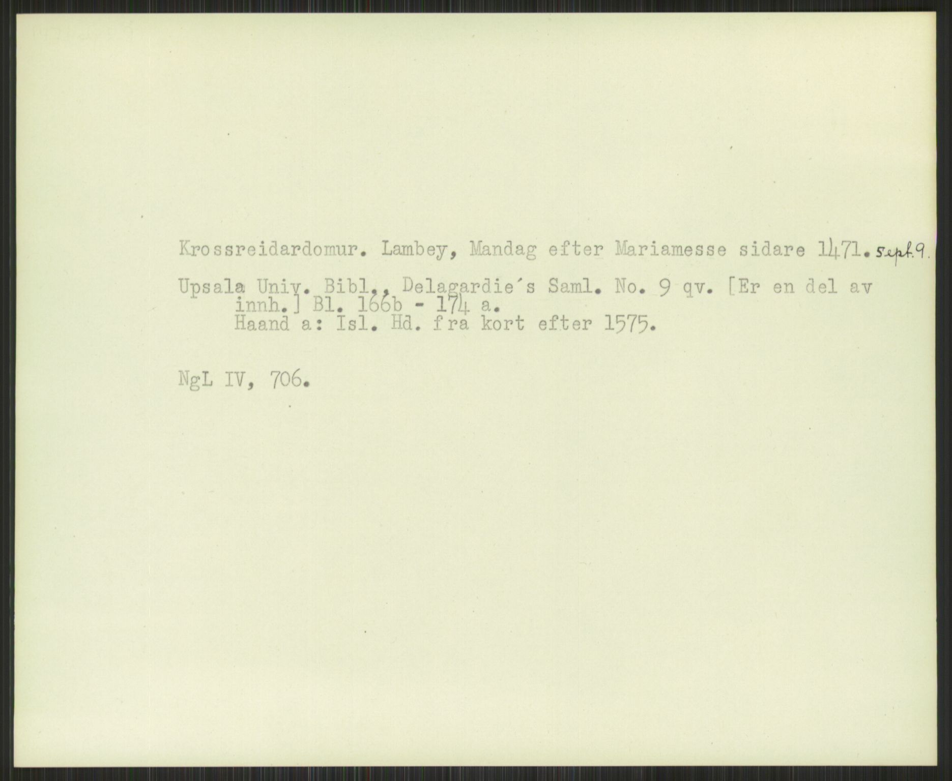 Norsk Historisk Kjeldeskrift-Institutt (NHKI), AV/RA-S-6117/G/Gc/L0030: Tematisk register til Gustav Storms håndskriftbeskrivelser i NgL bd. IV, 1381-1480, s. 715