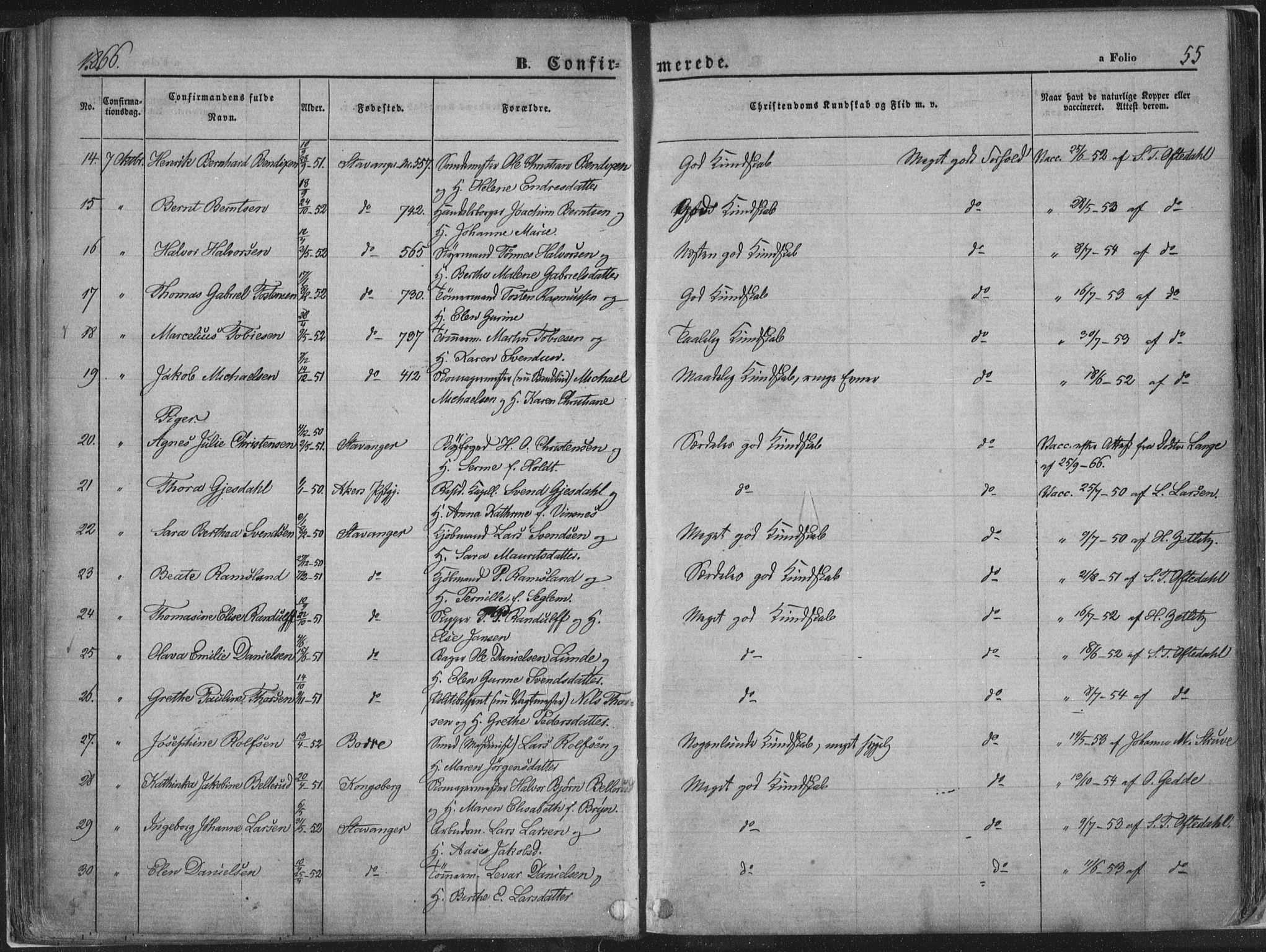 Domkirken sokneprestkontor, AV/SAST-A-101812/001/30/30BA/L0018: Ministerialbok nr. A 17, 1857-1877, s. 55