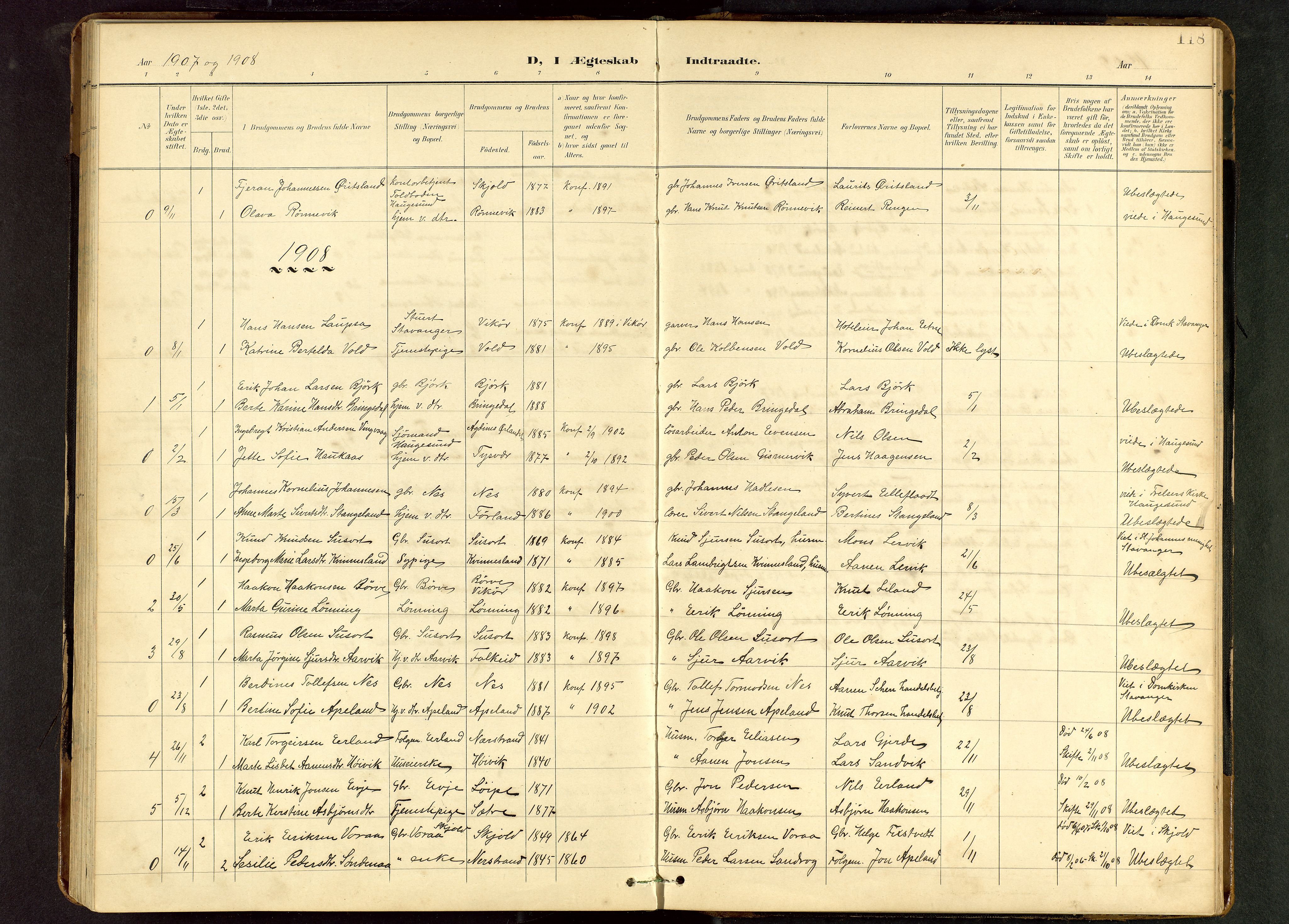 Tysvær sokneprestkontor, AV/SAST-A -101864/H/Ha/Hab/L0010: Klokkerbok nr. B 10, 1897-1912, s. 118