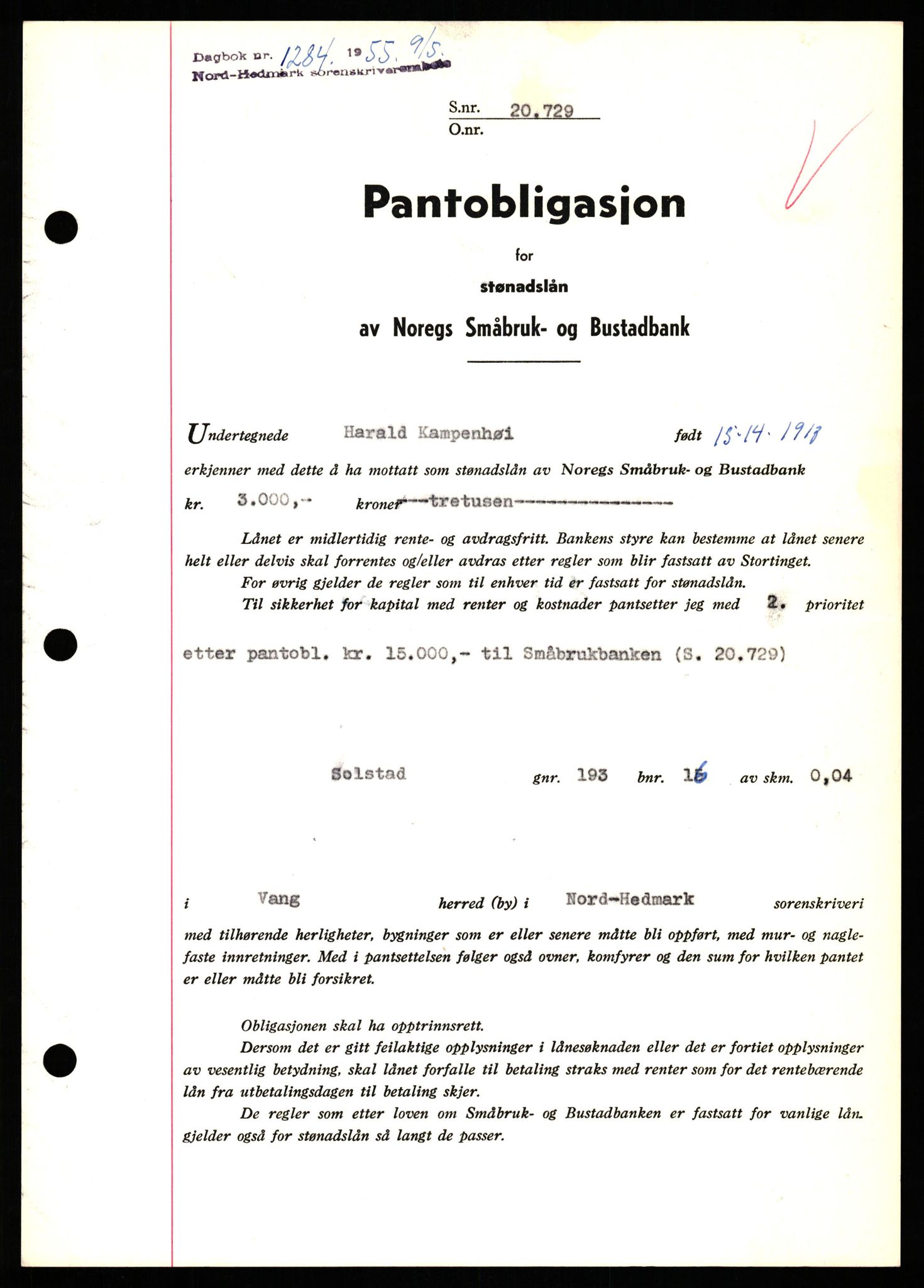 Nord-Hedmark sorenskriveri, SAH/TING-012/H/Hb/Hbf/L0032: Pantebok nr. B32, 1955-1955, Dagboknr: 1284/1952