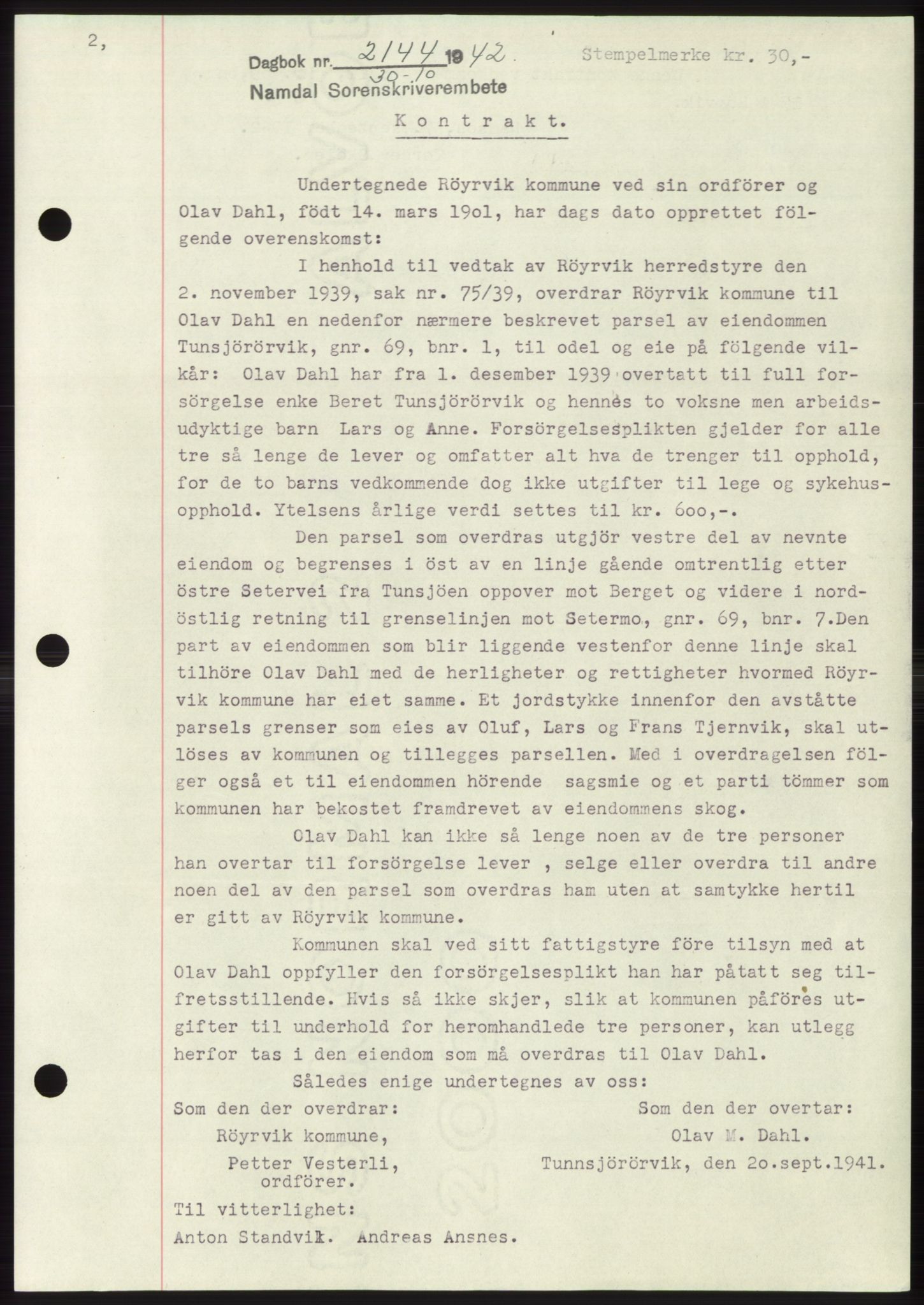 Namdal sorenskriveri, SAT/A-4133/1/2/2C: Pantebok nr. -, 1942-1943, Dagboknr: 2144/1942