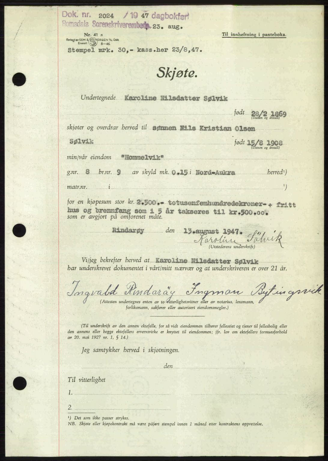 Romsdal sorenskriveri, AV/SAT-A-4149/1/2/2C: Pantebok nr. A23, 1947-1947, Dagboknr: 2024/1947