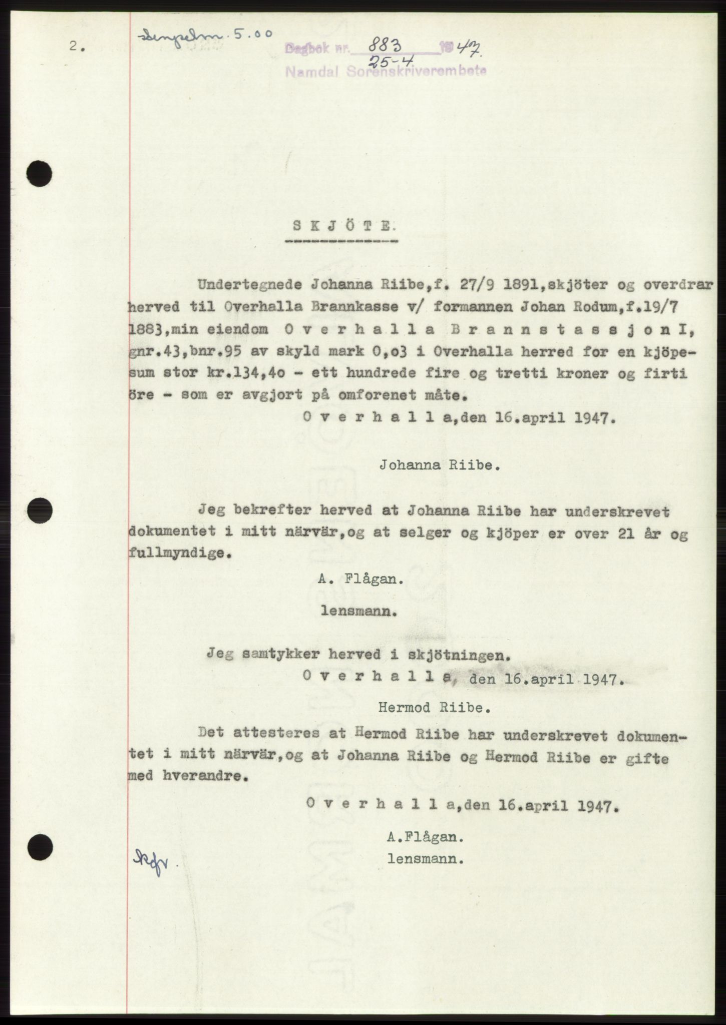 Namdal sorenskriveri, SAT/A-4133/1/2/2C: Pantebok nr. -, 1947-1947, Dagboknr: 883/1947