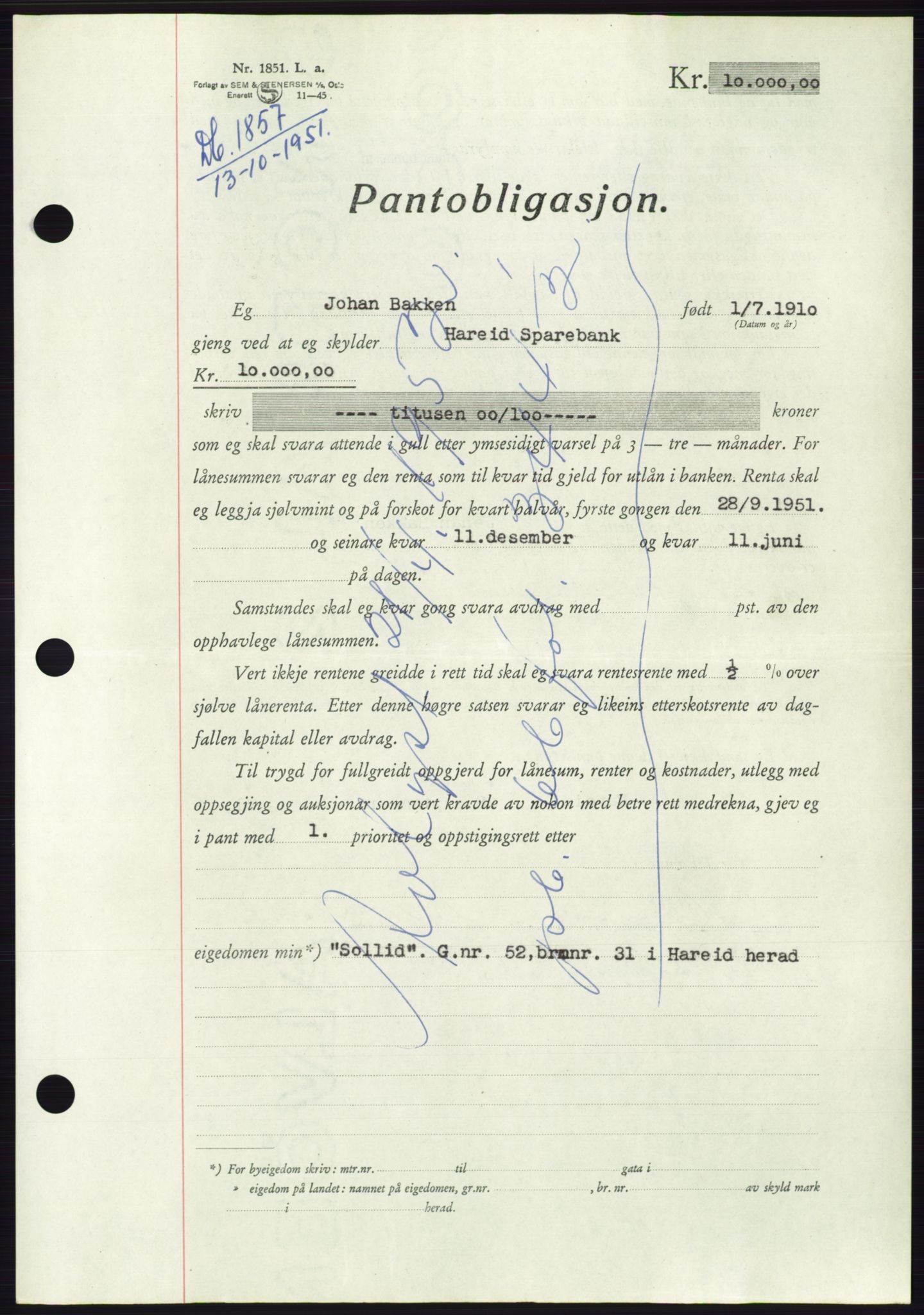 Søre Sunnmøre sorenskriveri, AV/SAT-A-4122/1/2/2C/L0120: Pantebok nr. 8B, 1951-1951, Dagboknr: 1857/1951