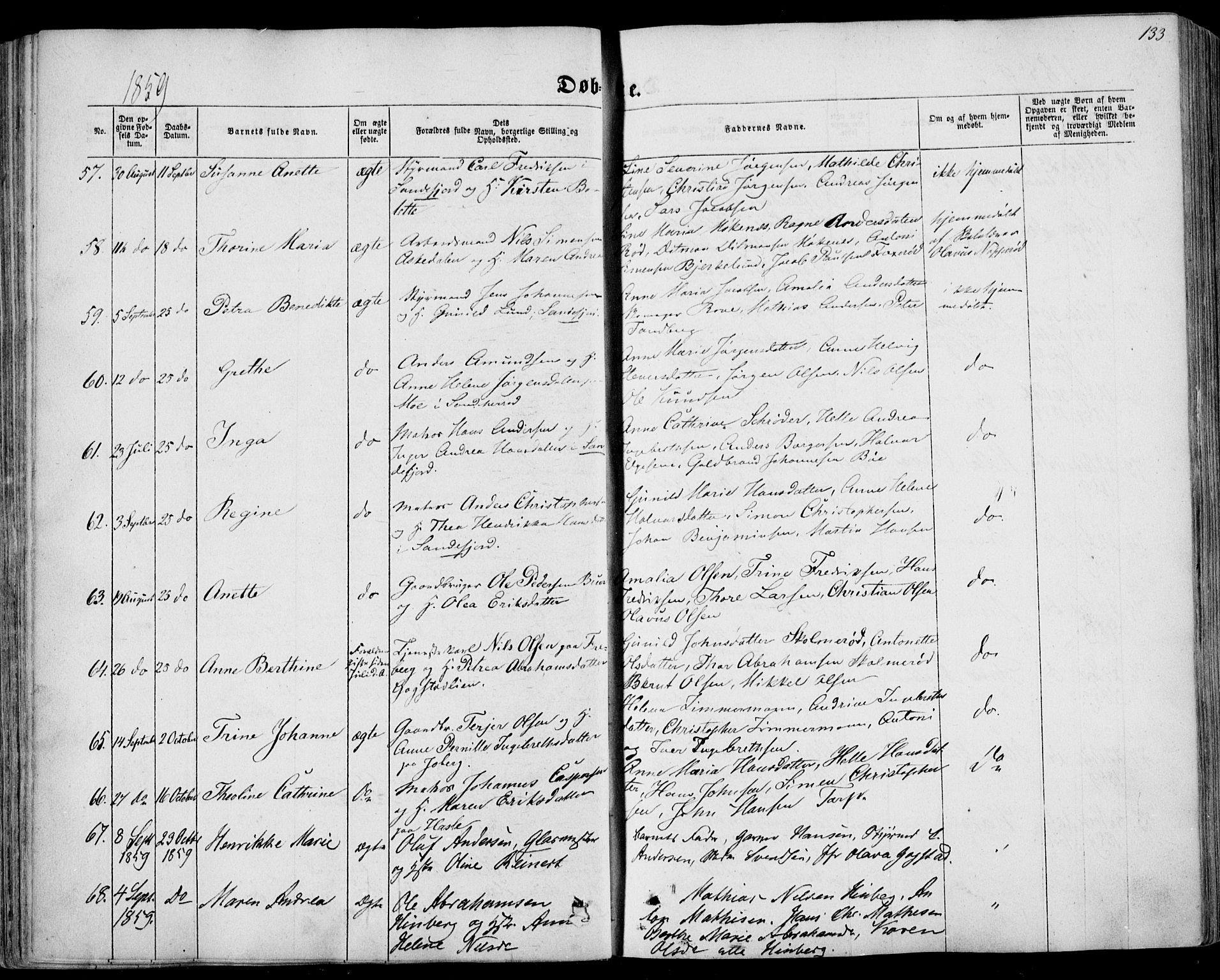 Sandar kirkebøker, AV/SAKO-A-243/F/Fa/L0007: Ministerialbok nr. 7, 1855-1861, s. 133